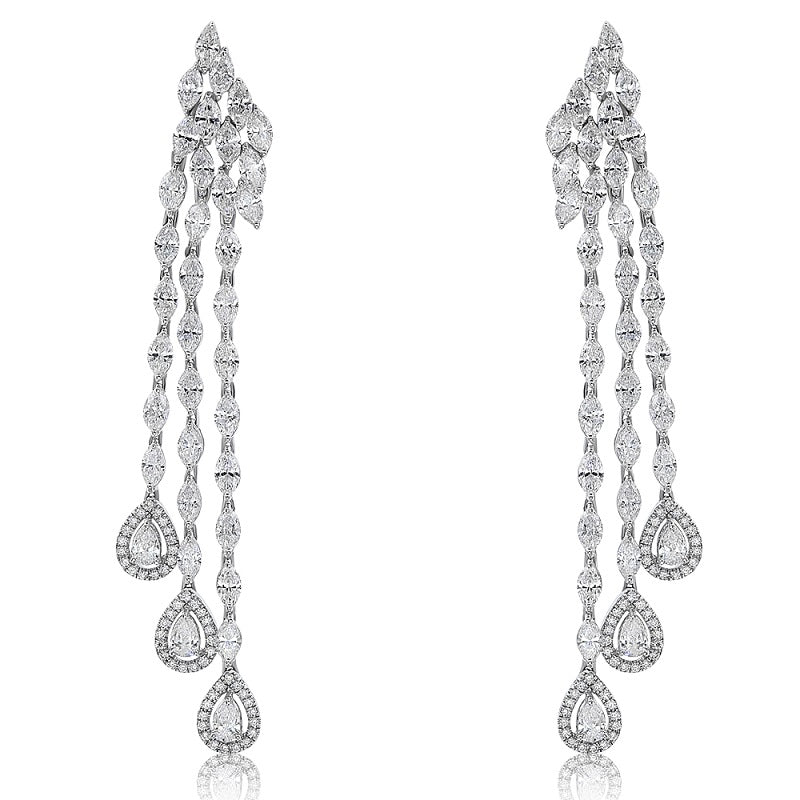 10.41 ct. Diamond 18K White Gold 3D Multi Shape 3 Row Tear Drop Hanging Earrings