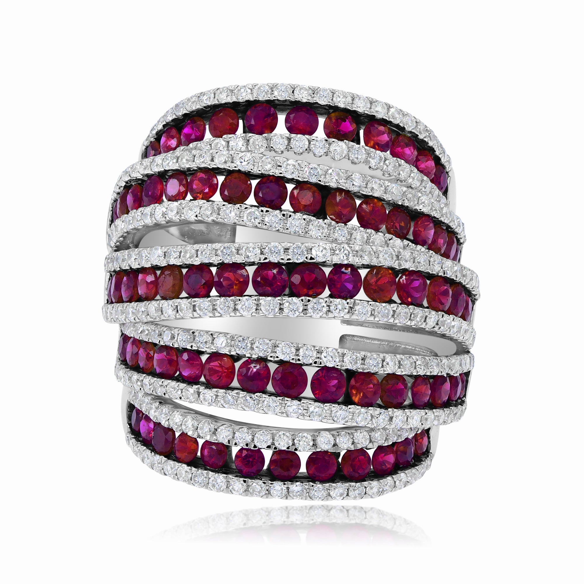 3.66 ct. Ruby and 1.97 ct. Diamond 3D Multi Row 18K White Gold Cocktail Ring