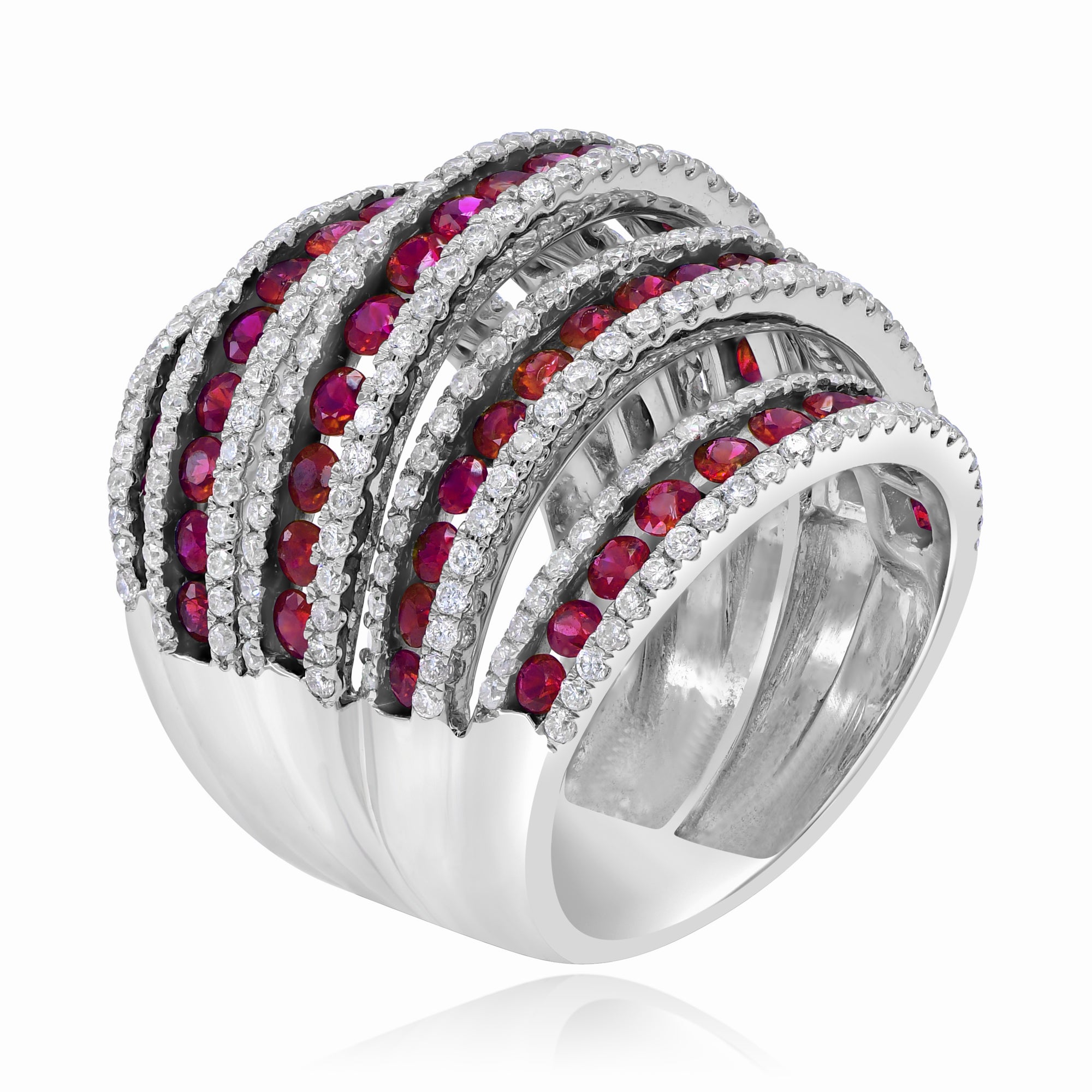 3.66 ct. Ruby and 1.97 ct. Diamond 3D Multi Row 18K White Gold Cocktail Ring