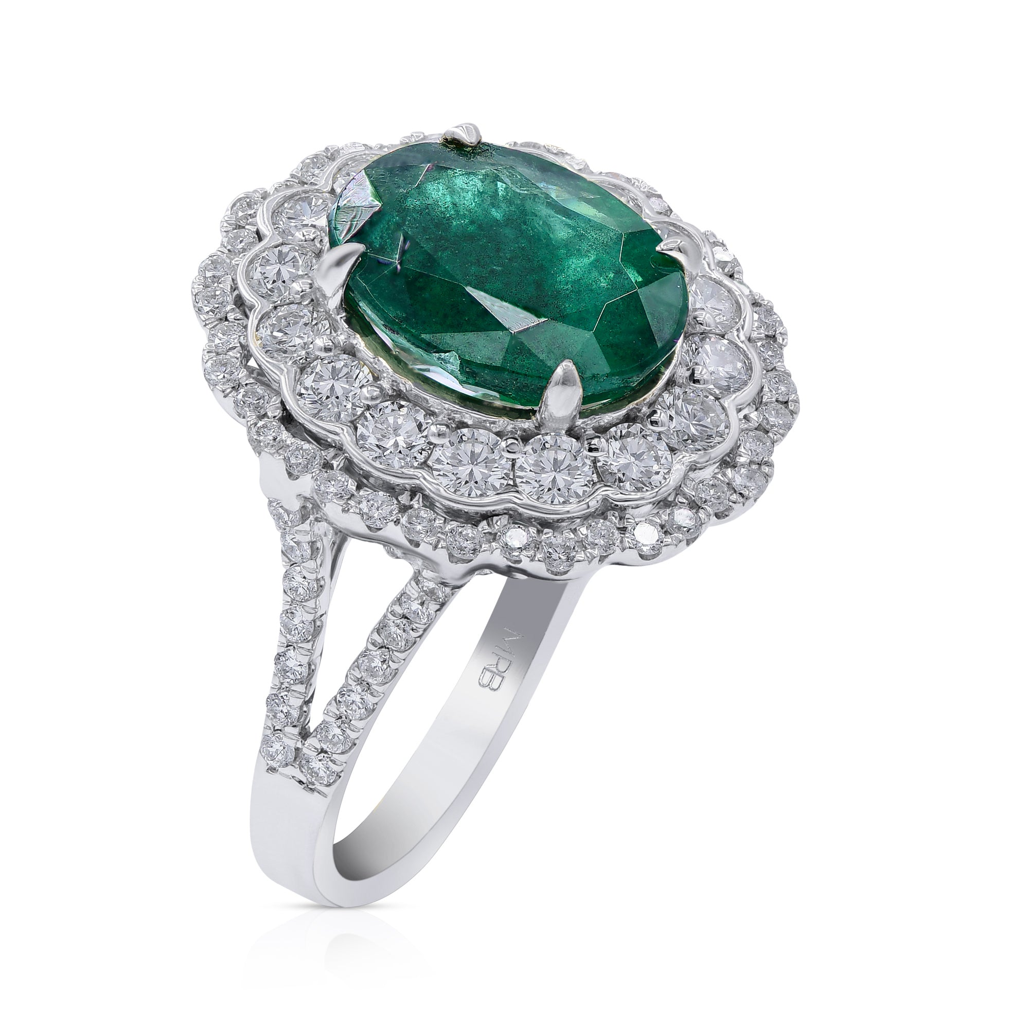 3.58 Ct Emerald & 1.43 Diamond 14K White Gold Halo Ring