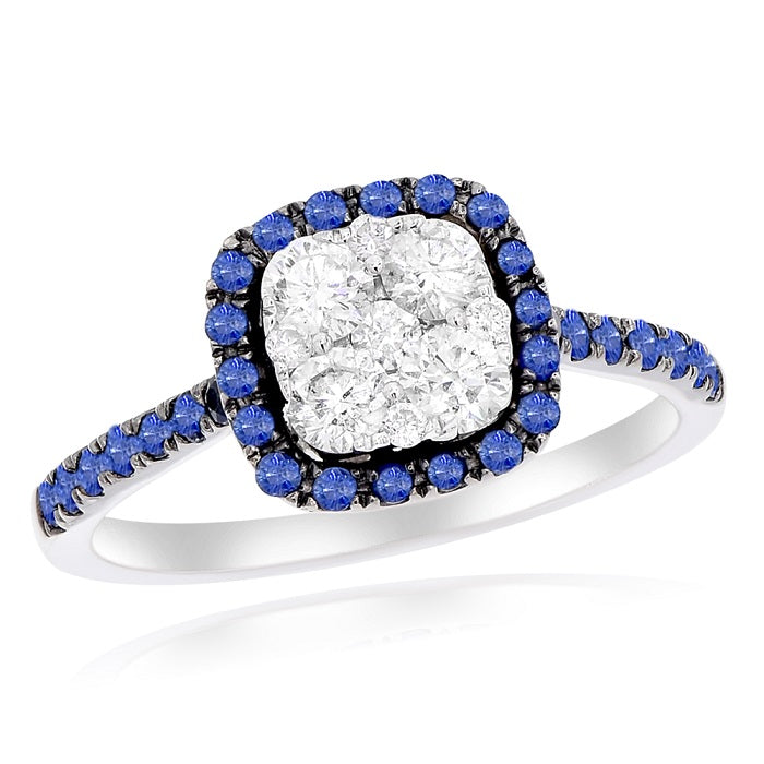 0.4 ct. Sapphire & 0.48 ct. Cushion Cluster Diamond 18K White Gold Engagement Ring
