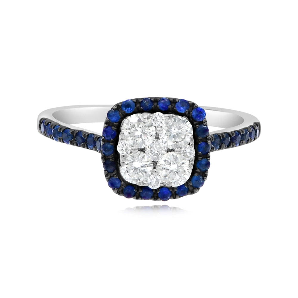 0.4 ct. Sapphire & 0.48 ct. Cushion Cluster Diamond 18K White Gold Engagement Ring