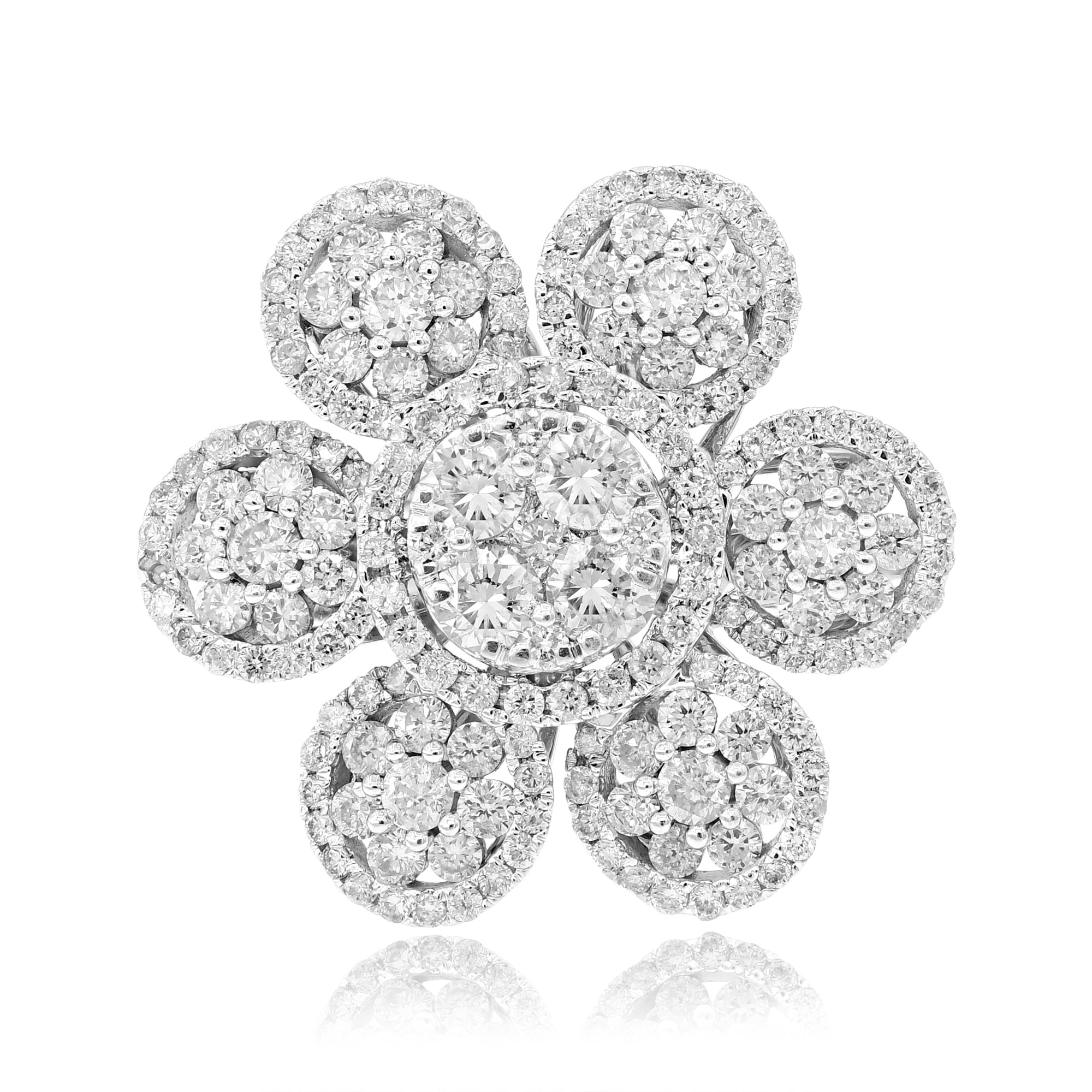 2 ct. Diamond 18K White Gold 3D Cluster Multi Circle Flower Ring