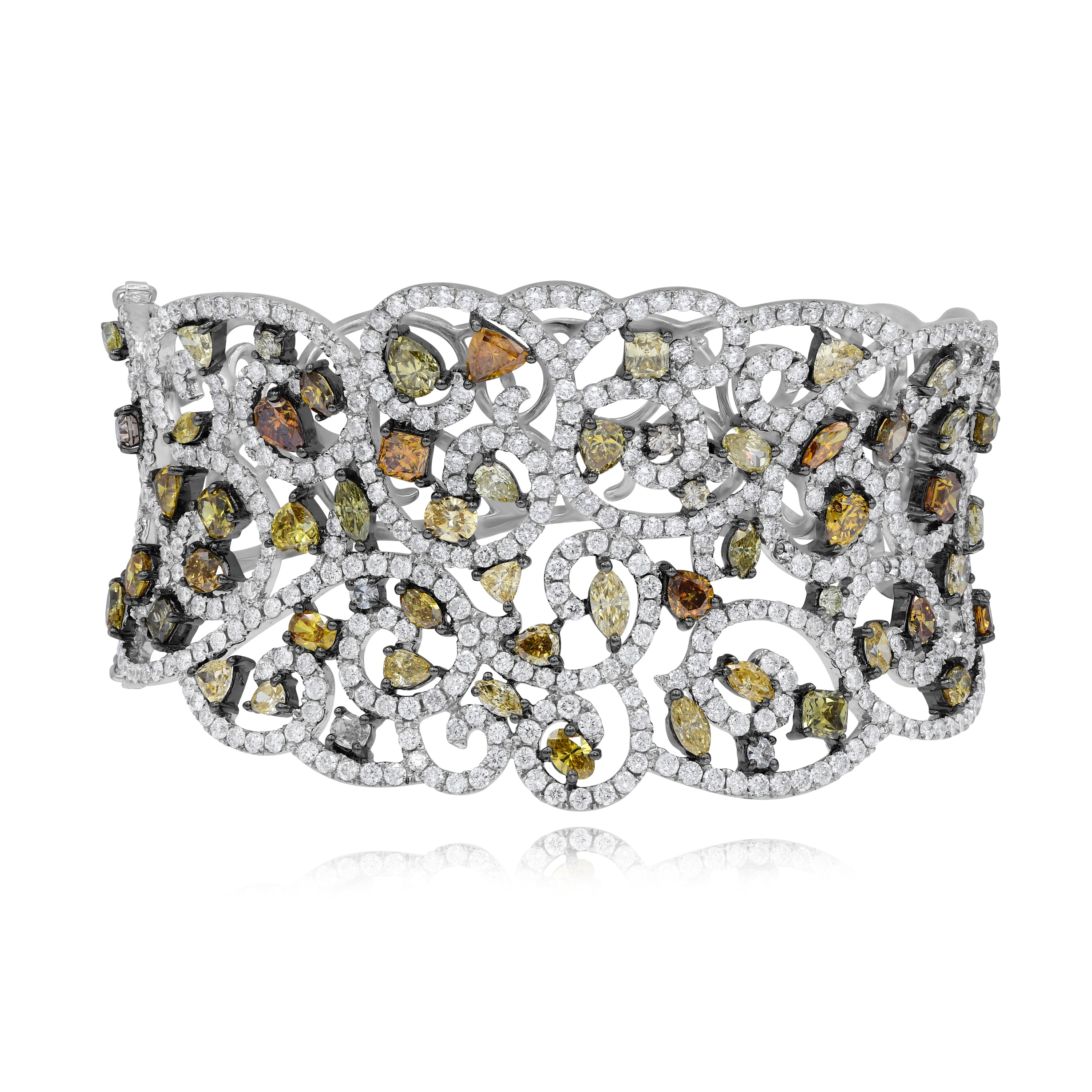 19.36 ct. Multi Color Diamond 18K White Gold Floral Bangle Bracelet
