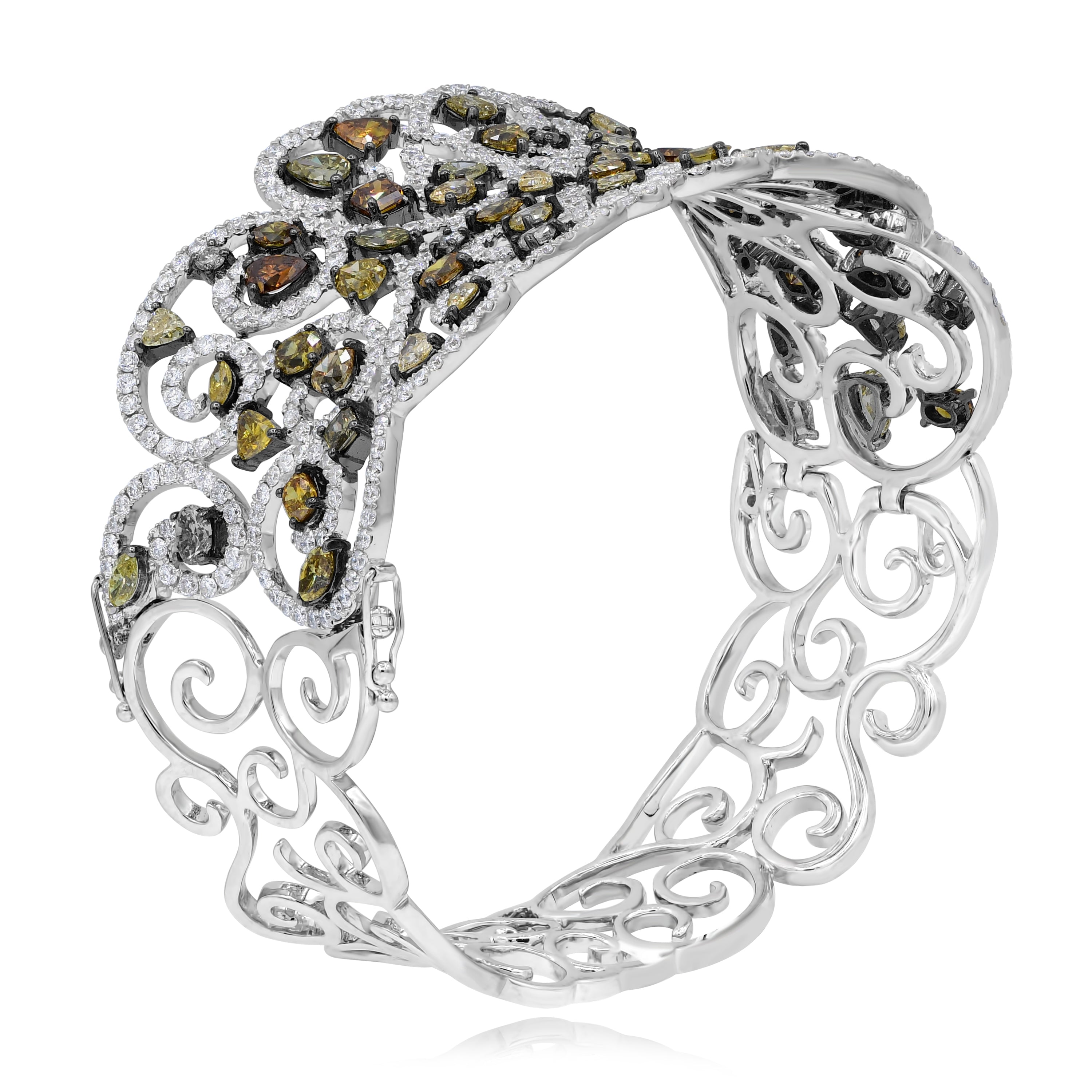 19.36 ct. Multi Color Diamond 18K White Gold Floral Bangle Bracelet