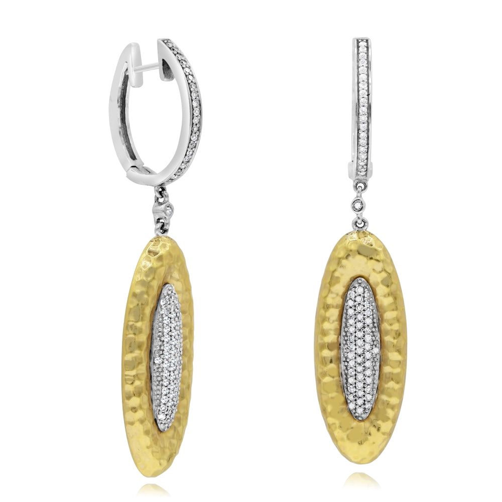 0.41 ct. Diamond 14K Two Tone Gold Hammered Dangle Drop Marquise Earrings
