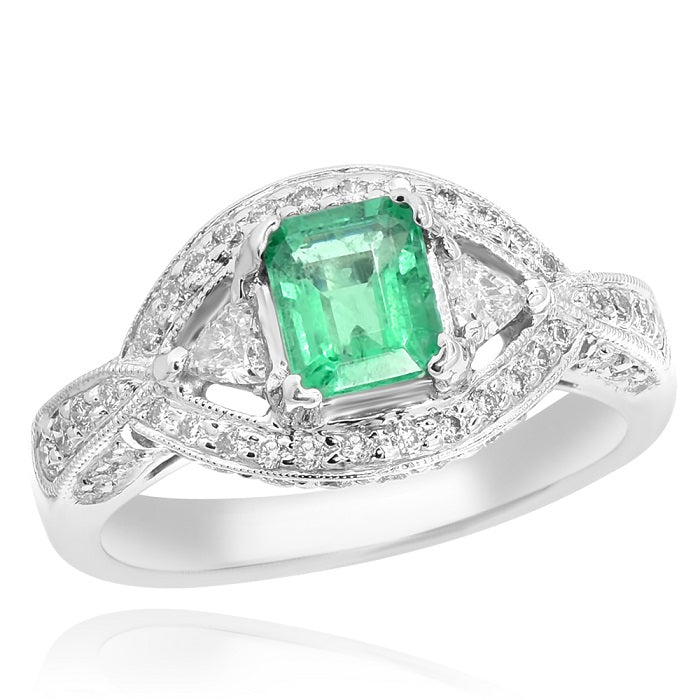 0.72 ct. Emerald & 0.66 ct. Diamond 18K White Gold Halo Engagement Ring