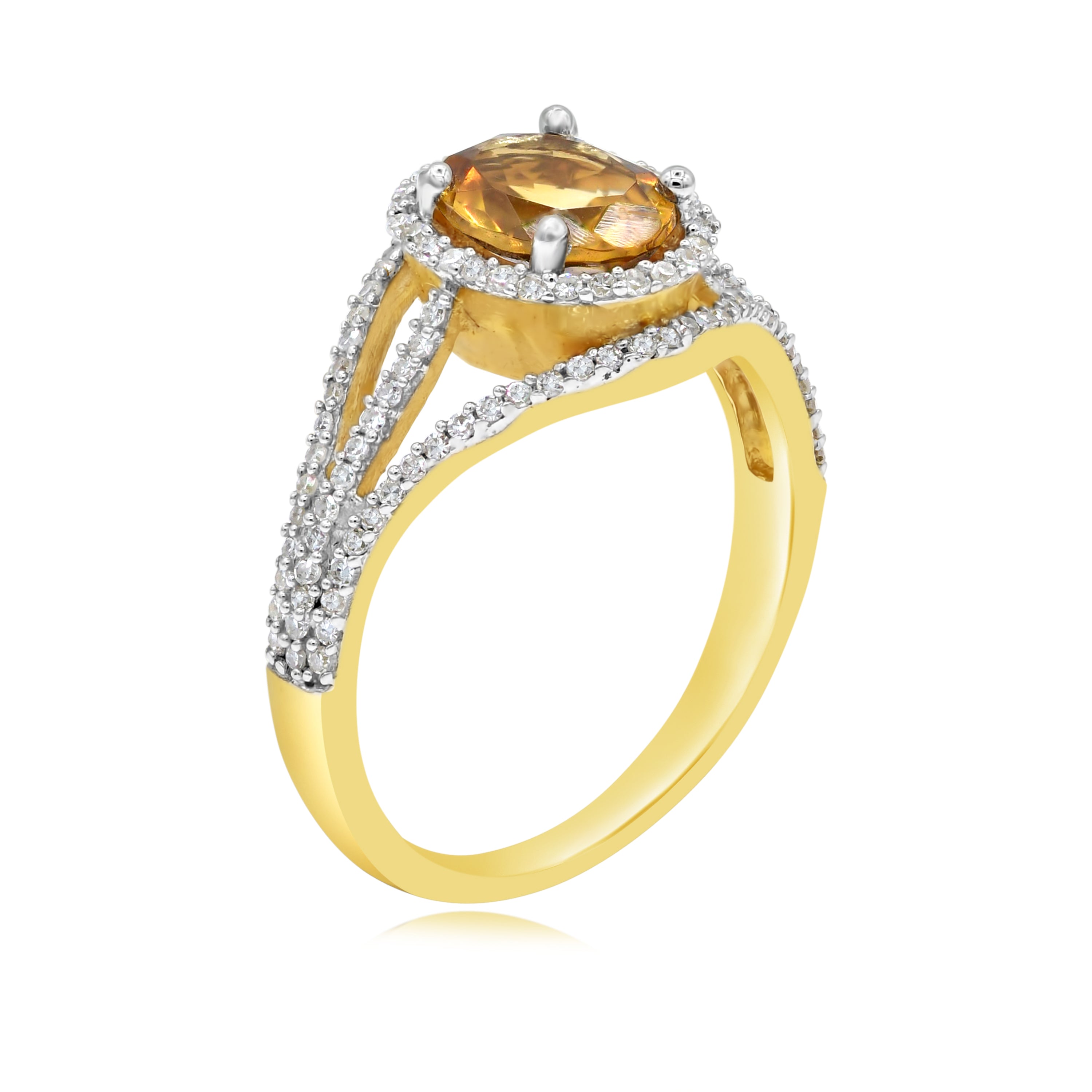 1.35 ct Yellow Citrine & Diamond 14K Yellow Gold Triple Split Shank Halo Ring