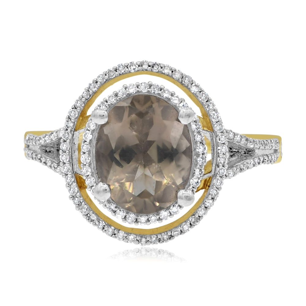 2.7 ct. Brown Quartz & Diamond 14K Yellow Gold Split Shank Halo Cocktail Ring