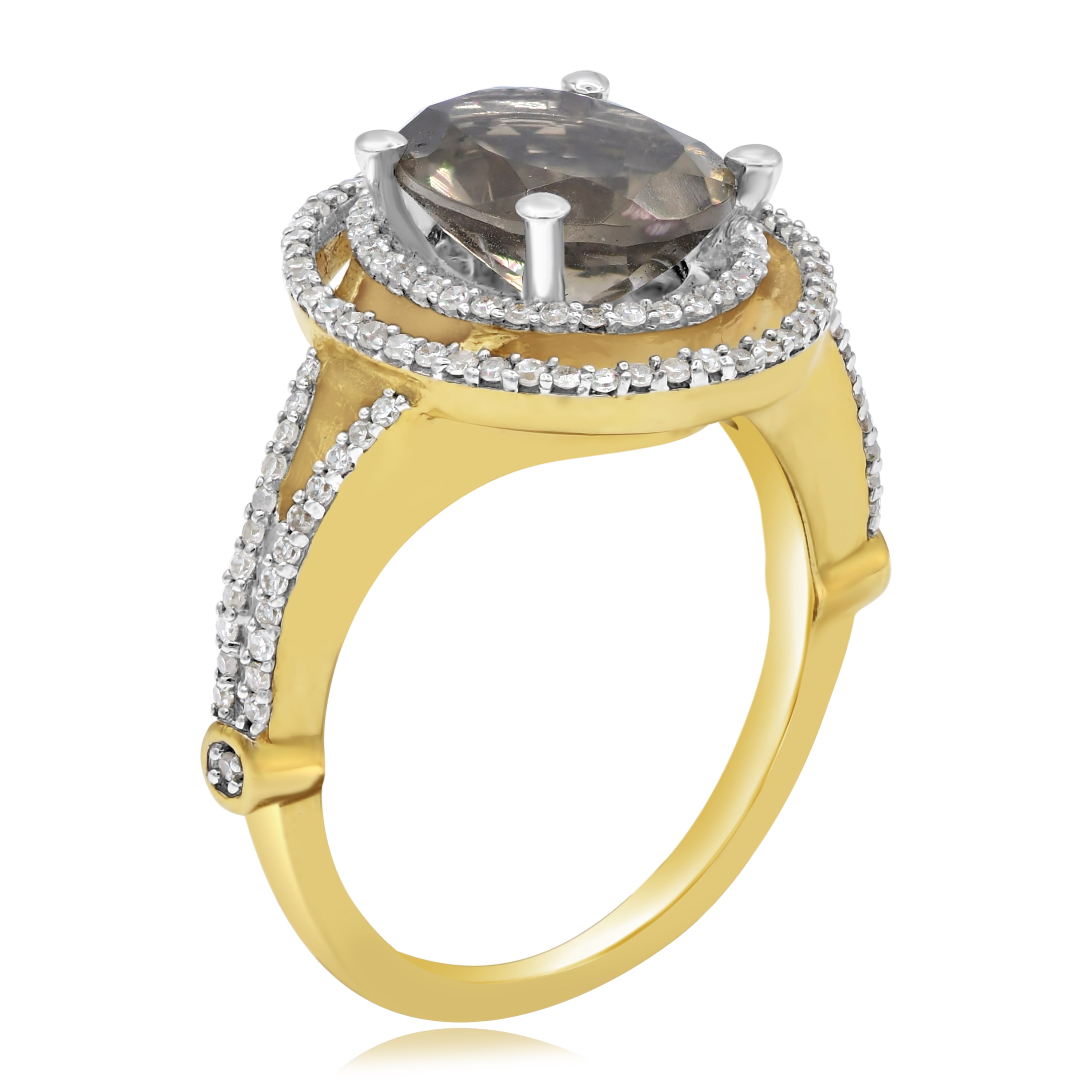 2.7 ct. Brown Quartz & Diamond 14K Yellow Gold Split Shank Halo Cocktail Ring