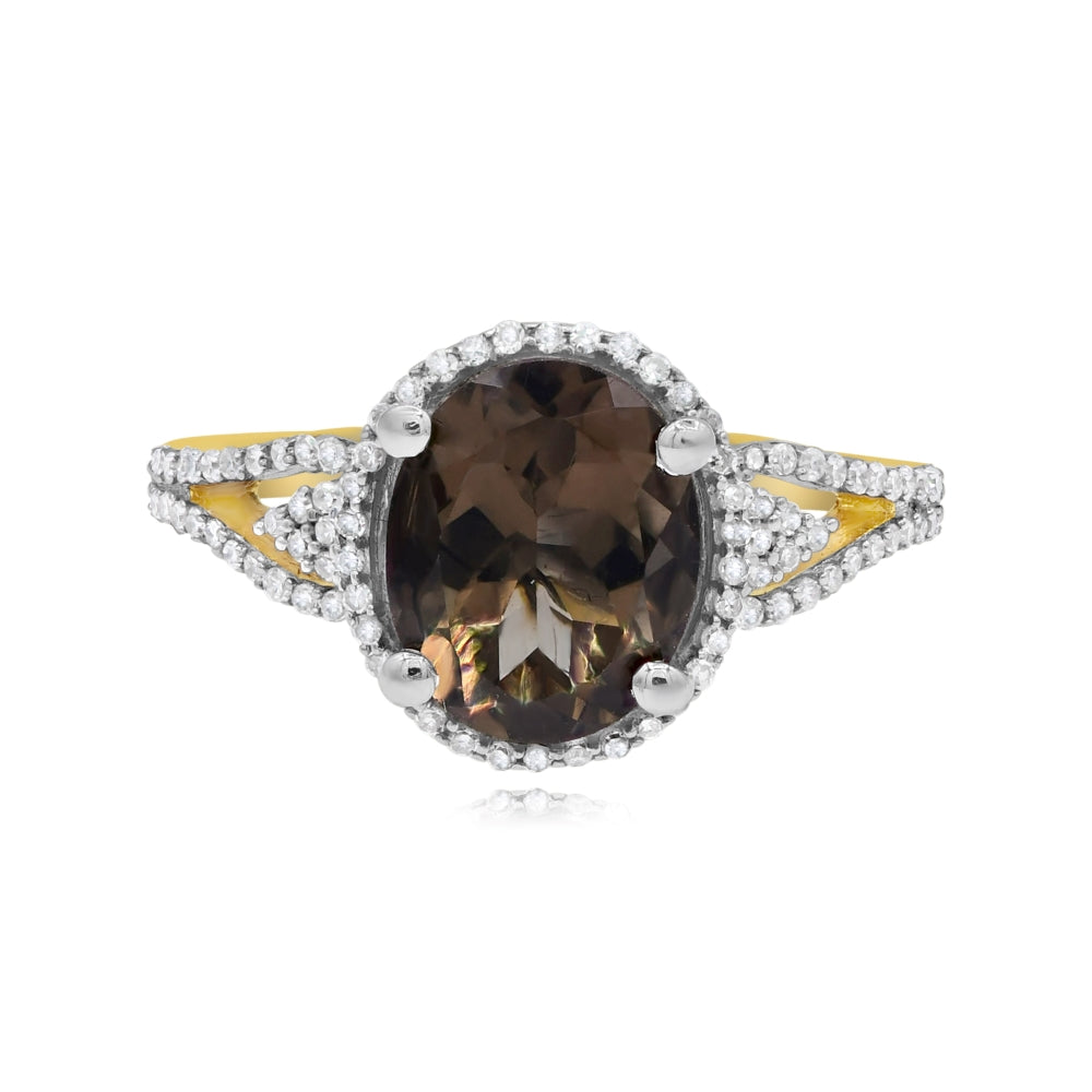 2.92 ct. Brown Quartz & Diamond 14K Yellow Gold Split Shank Halo Cocktail Ring