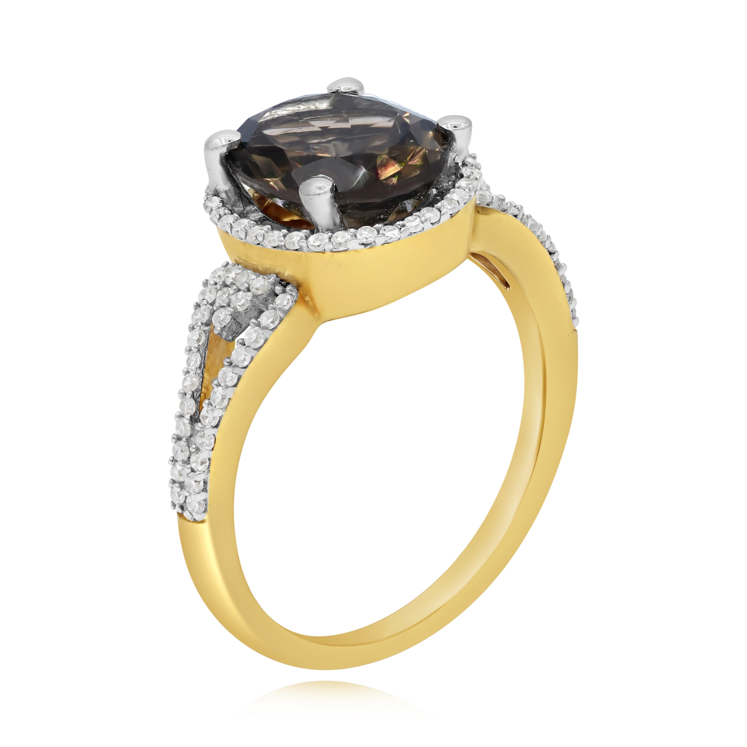 2.92 ct. Brown Quartz & Diamond 14K Yellow Gold Split Shank Halo Cocktail Ring
