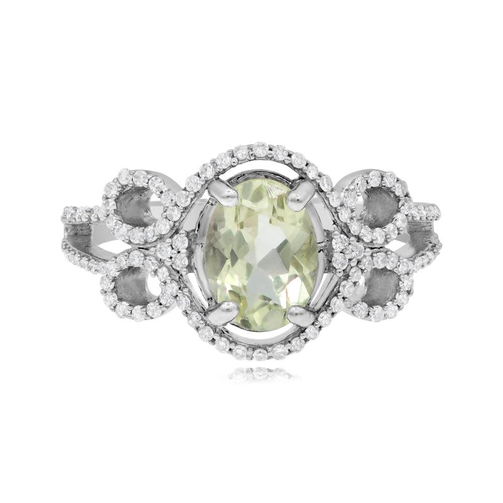 1.4 ct Lemon Quartz & Diamond 14K White Gold Floral Petal Vine Scroll Halo Ring