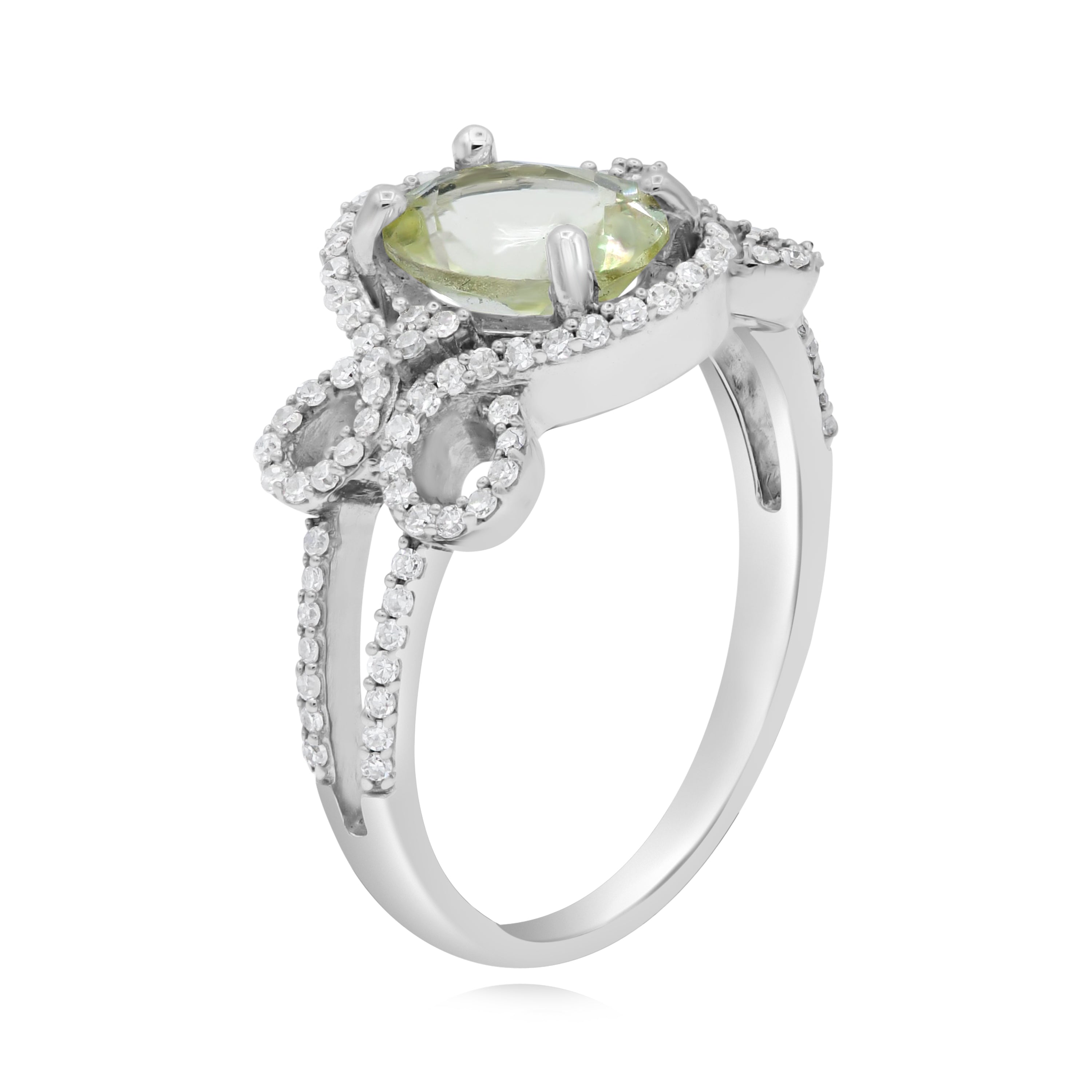1.4 ct Lemon Quartz & Diamond 14K White Gold Floral Petal Vine Scroll Halo Ring