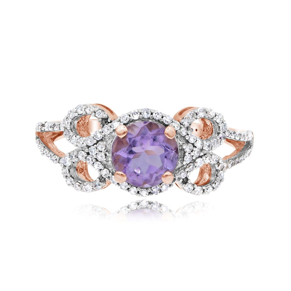 1.05 ct Pink Amethyst & Diamond 14K Rose Gold Floral Petal Vine Scroll Halo Ring
