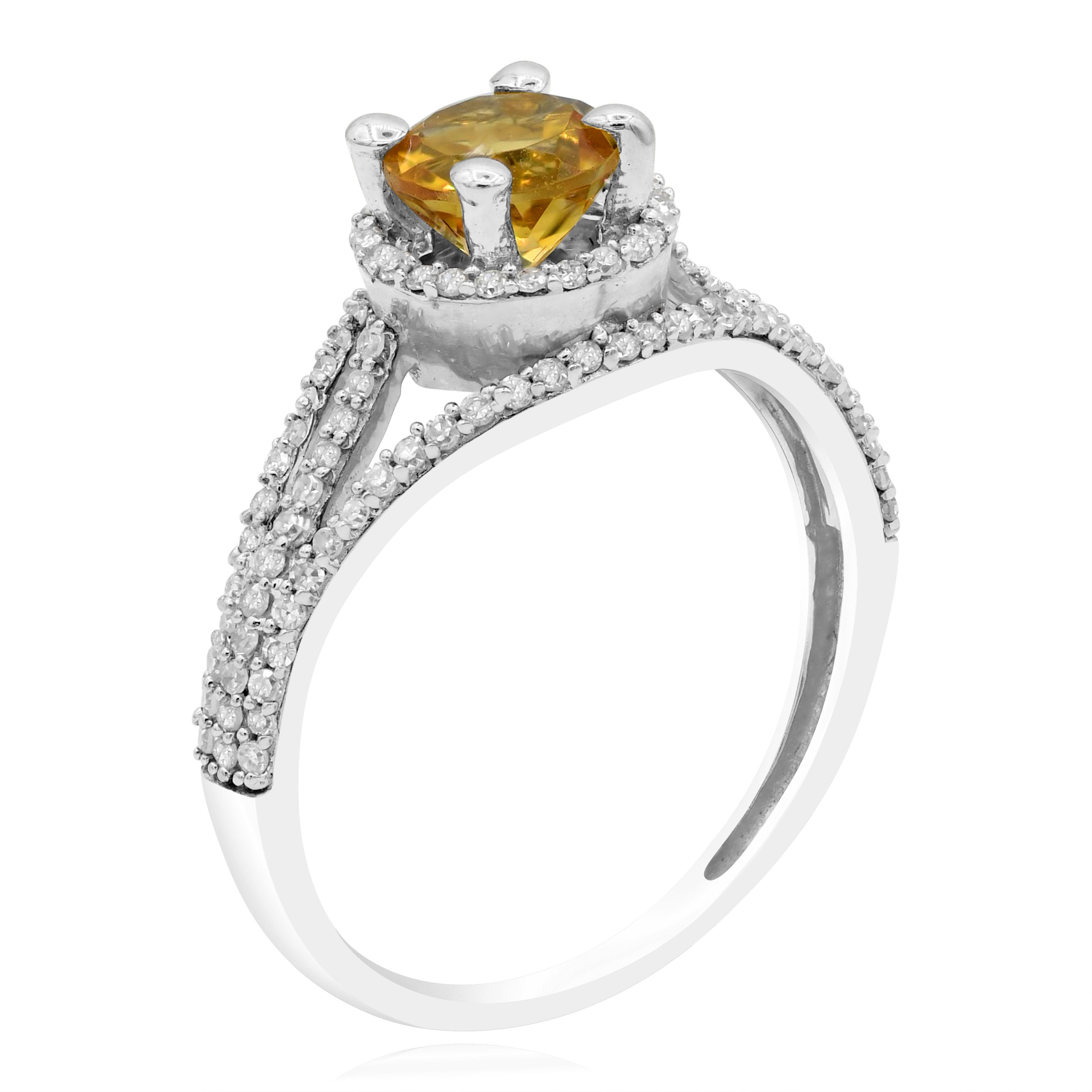 1.09 ct Yellow Citrine & Diamond 14K White Gold Triple Split Shank Halo Ring