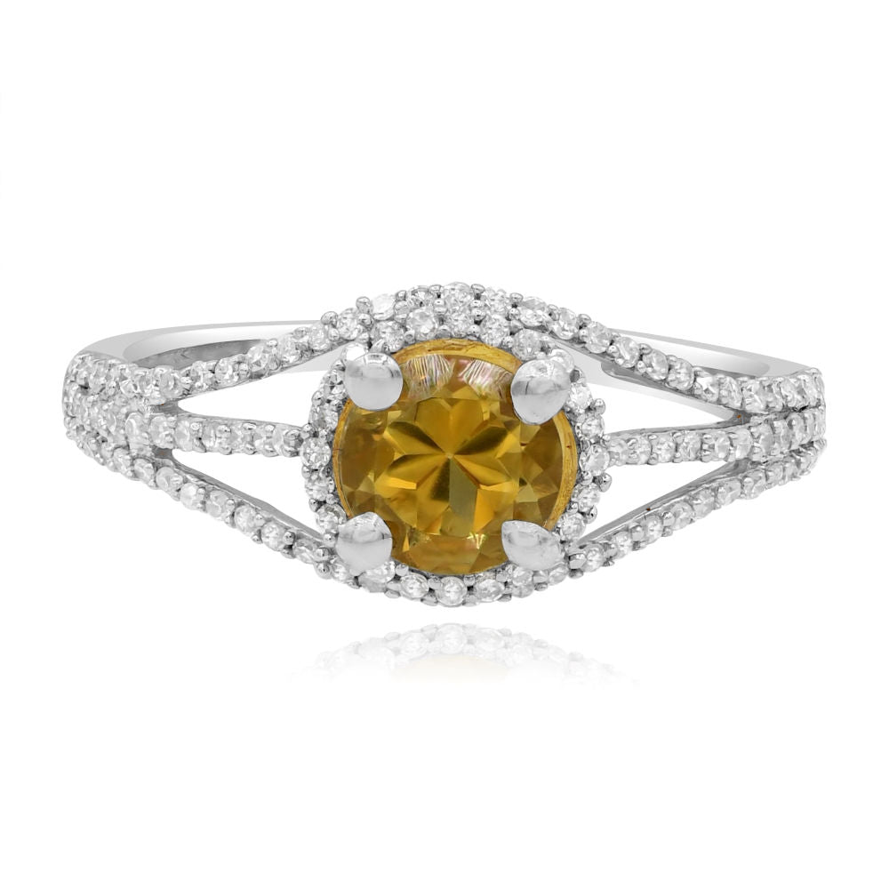 1.09 ct Yellow Citrine & Diamond 14K White Gold Triple Split Shank Halo Ring
