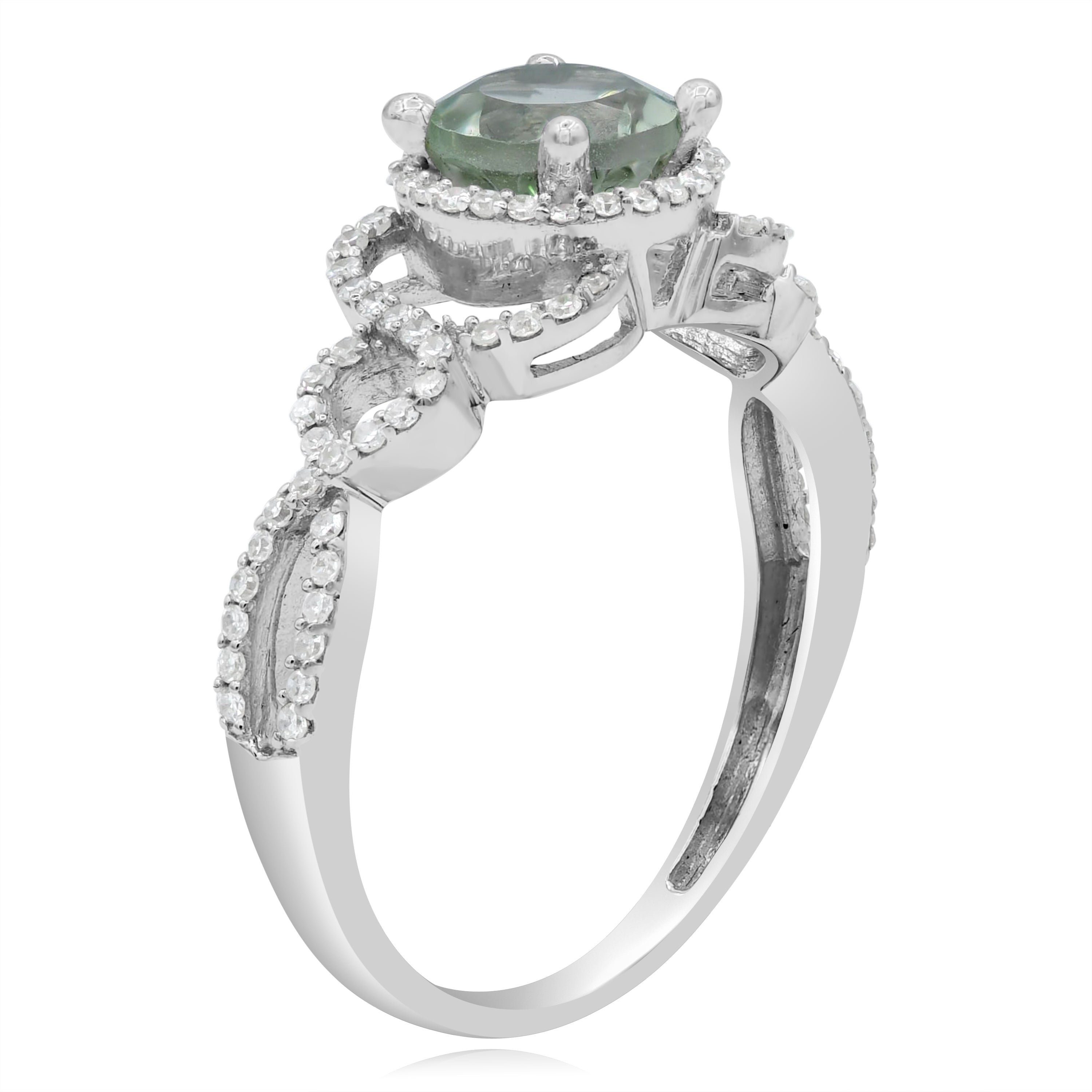 0.8 ct. Green Amethyst & 0.3 ct. Diamond 14K White Gold Halo Twist Ring