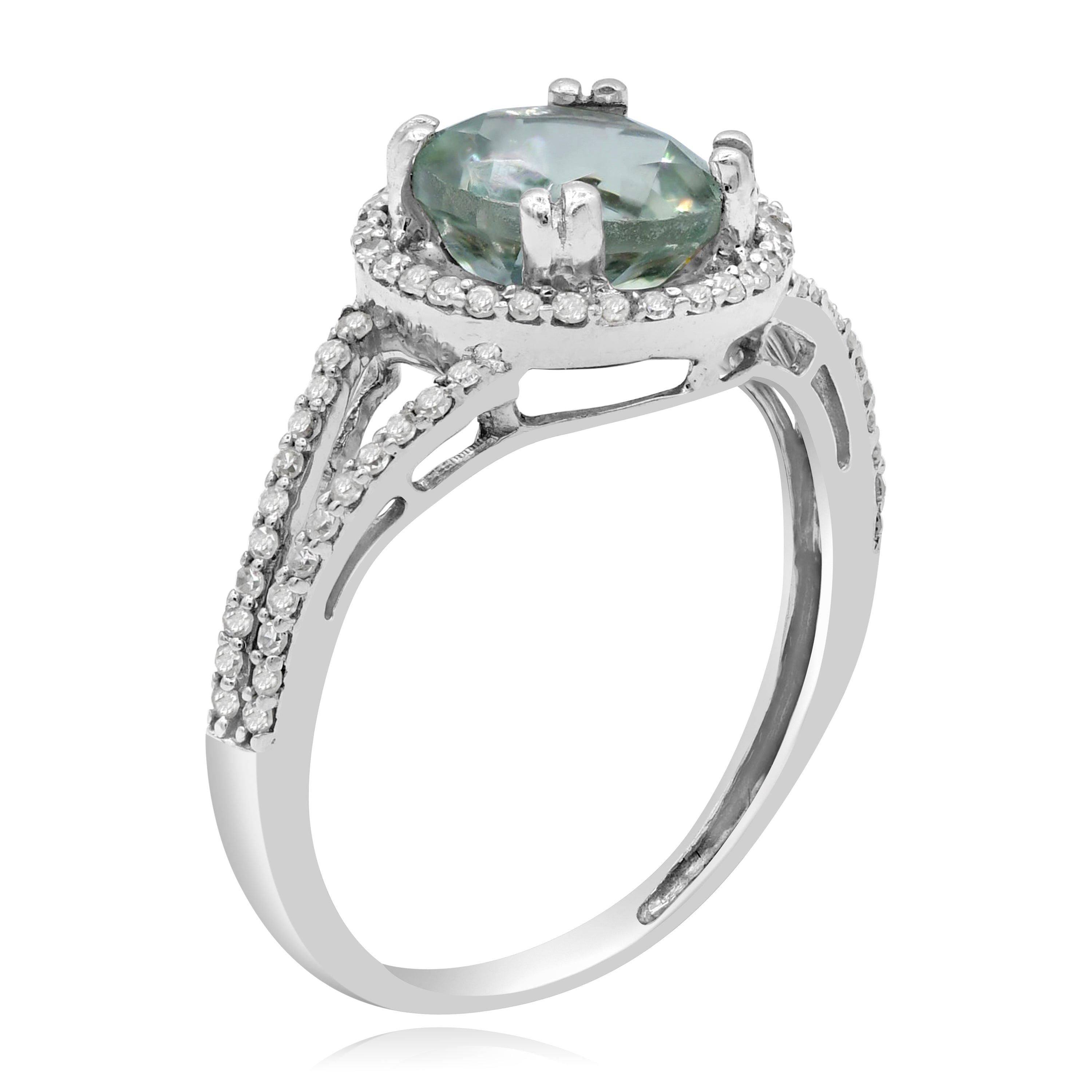 1.64 ct. Green Amethyst & Diamond 14K White Gold Split Shank Halo Ring