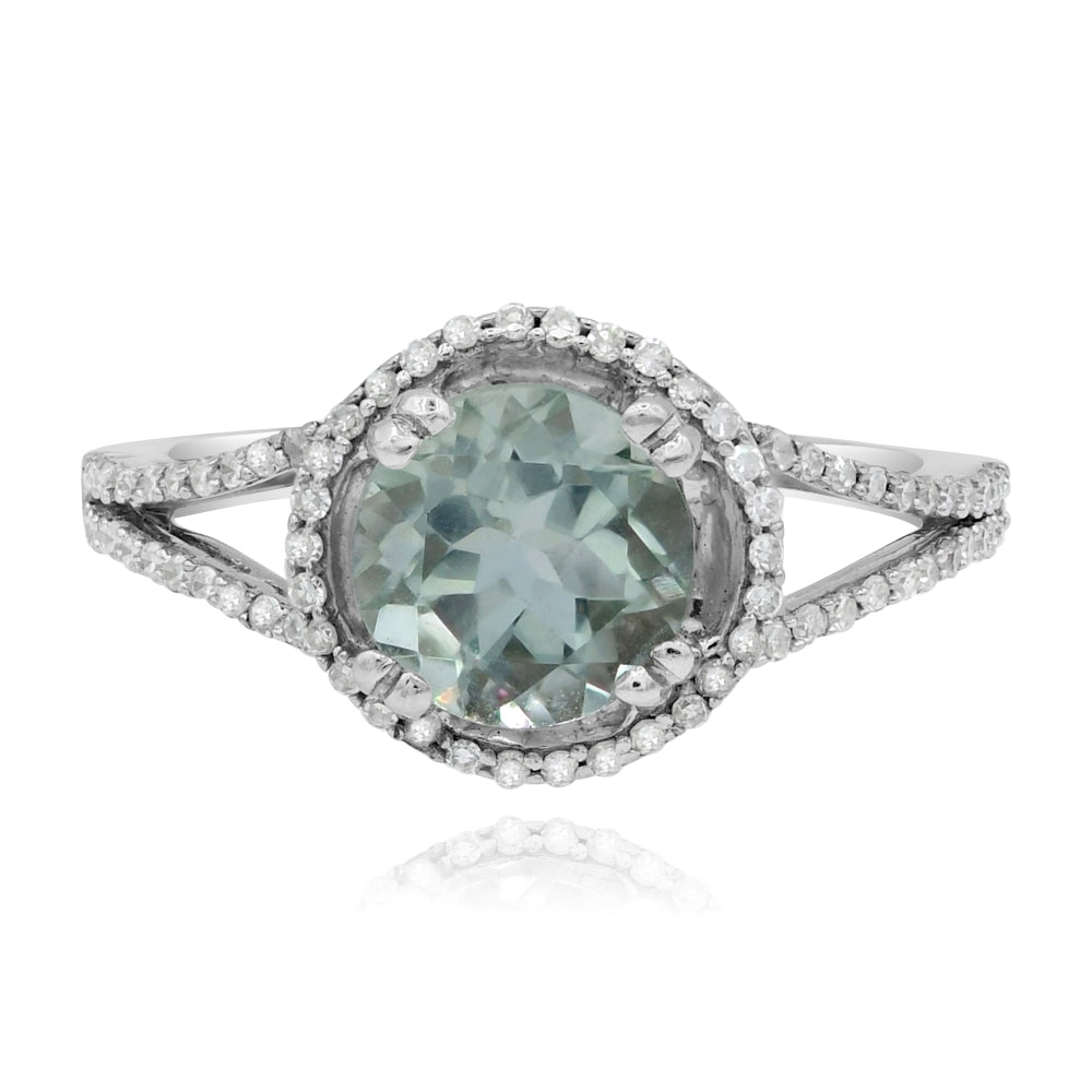 1.64 ct. Green Amethyst & Diamond 14K White Gold Split Shank Halo Ring