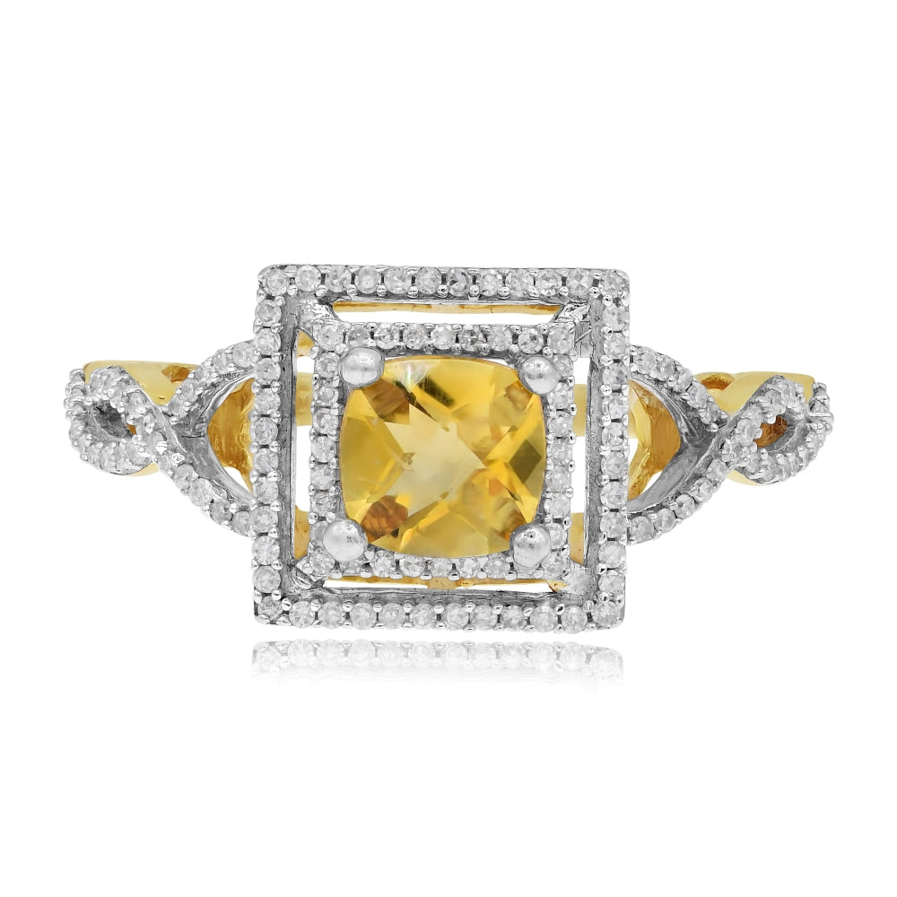 1.1 ct. Yellow Citrine & Diamond Square Halo 14K Yellow Gold Ring