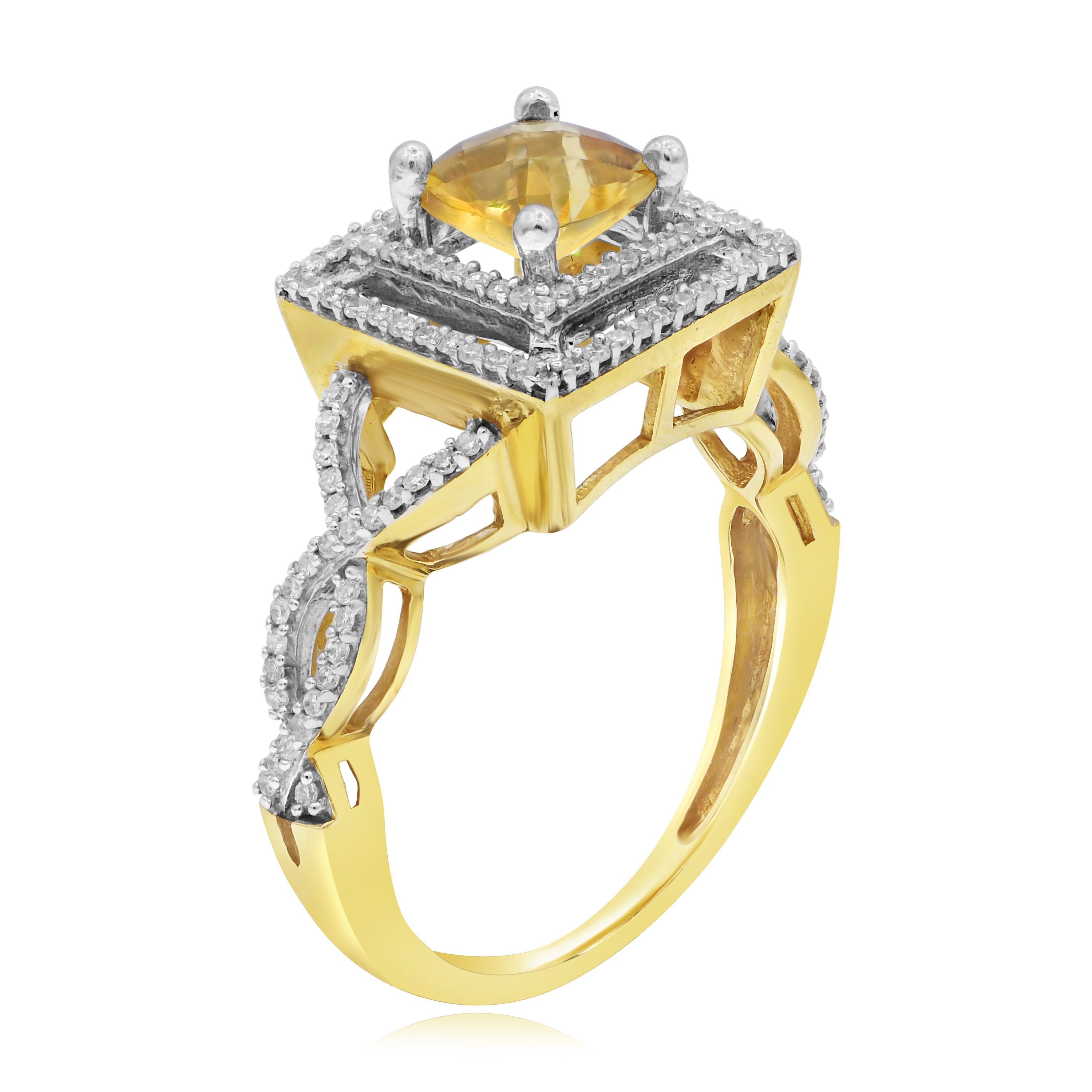 1.1 ct. Yellow Citrine & Diamond Square Halo 14K Yellow Gold Ring