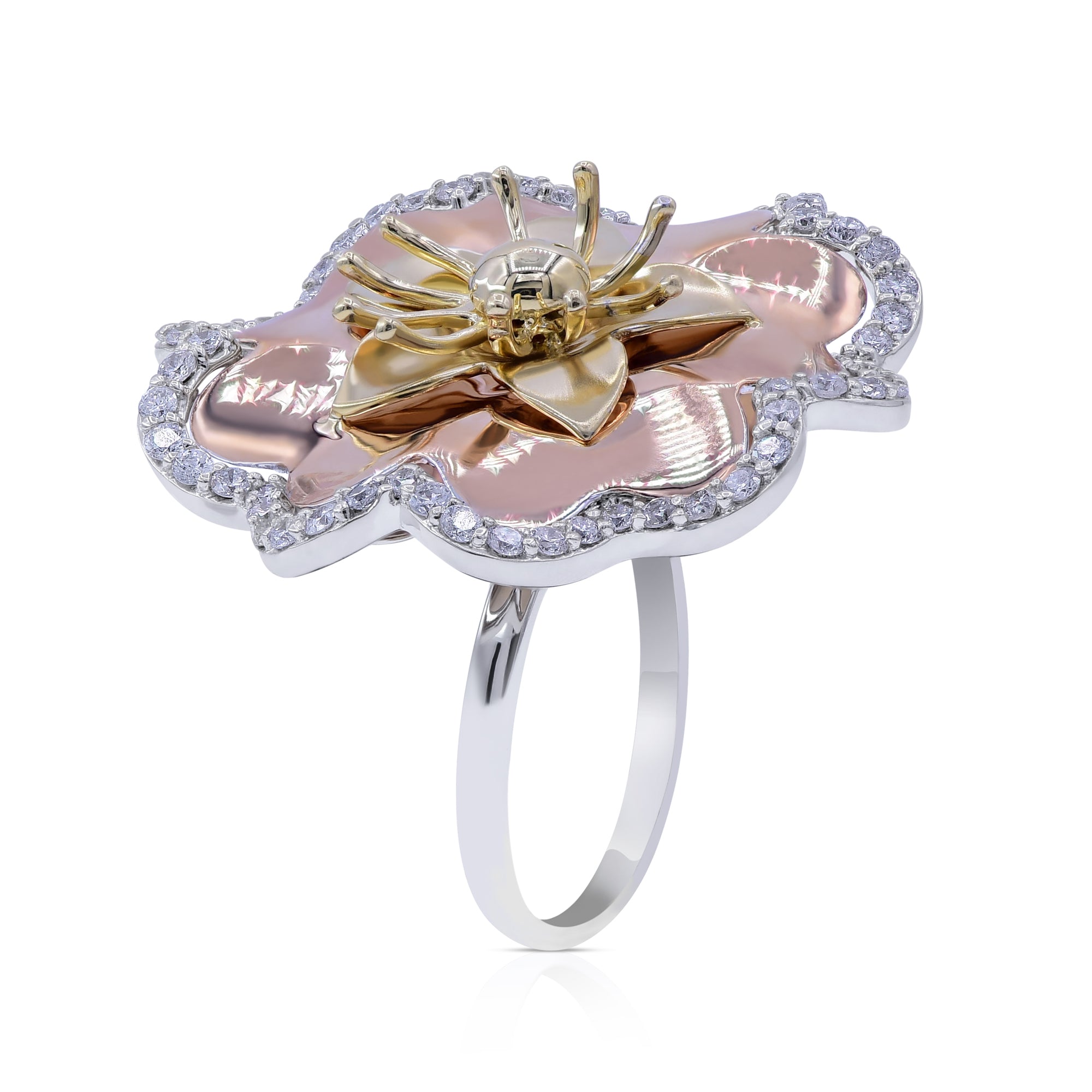 0.62 ct. Diamond 14K Gold Tri Color 3D Flower Sunburst Ring