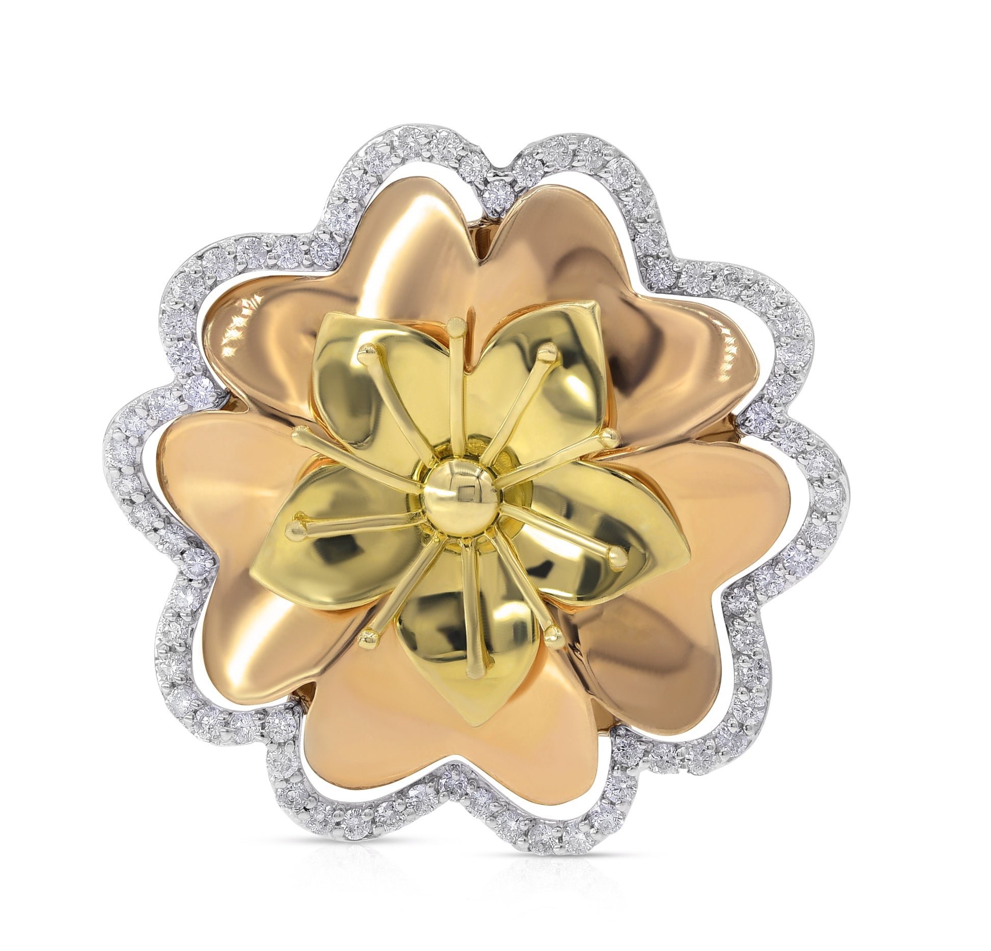 0.62 ct. Diamond 14K Gold Tri Color 3D Flower Sunburst Ring