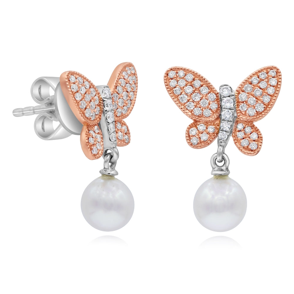 0.42 ct. Pearl & 0.25 ct. Diamond 14K Two Tone Gold Butterfly Earrings