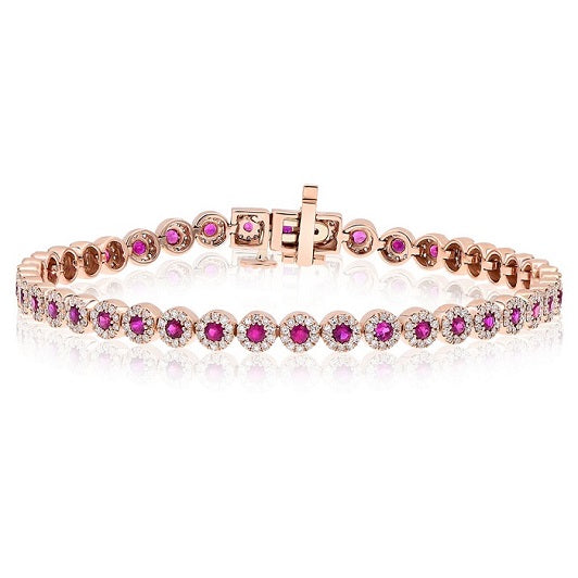 1.79 ct. Ruby 1.15 ct. Diamond 14K Rose Gold Floret Halo Tennis Bracelet