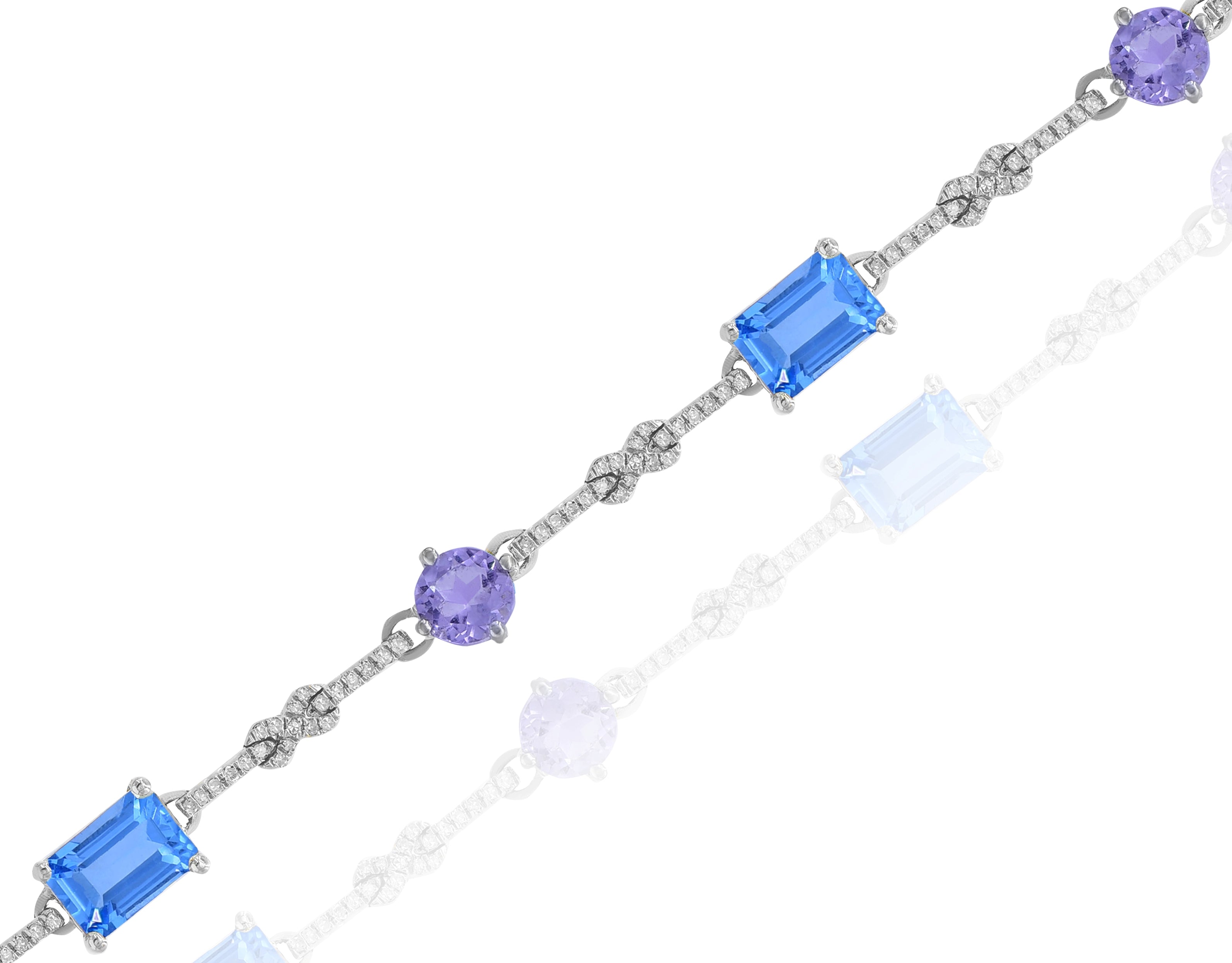 3.38 ct. Topaz, 1.88 ct. Amethyst & 0.44 ct. Diamond 14K White Gold Link Bracelet