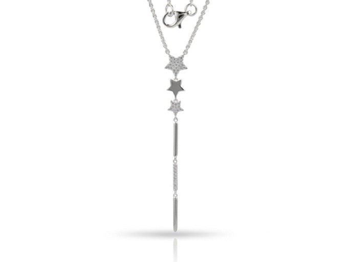 0.09 ct. Diamond 14K White Gold Triple Star Dangle Rosary Necklace 18"