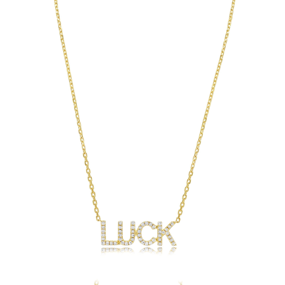 0.18 ct. Diamond 14K Yellow Gold 3D Classic Chain 'LUCK' Necklace 18"