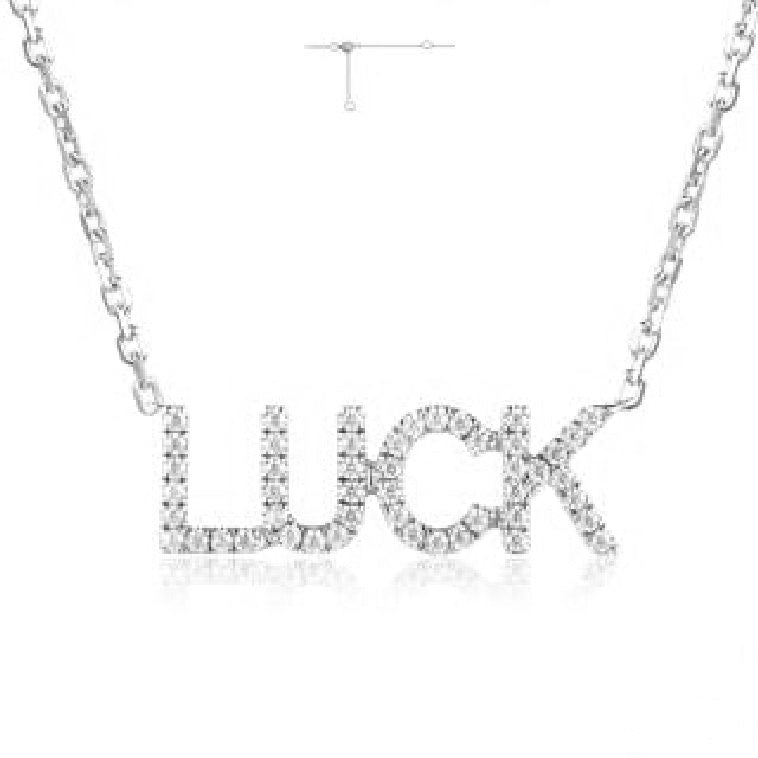 0.19 ct. Diamond 14K White Gold 3D Classic Chain 'LUCK' Necklace 18"