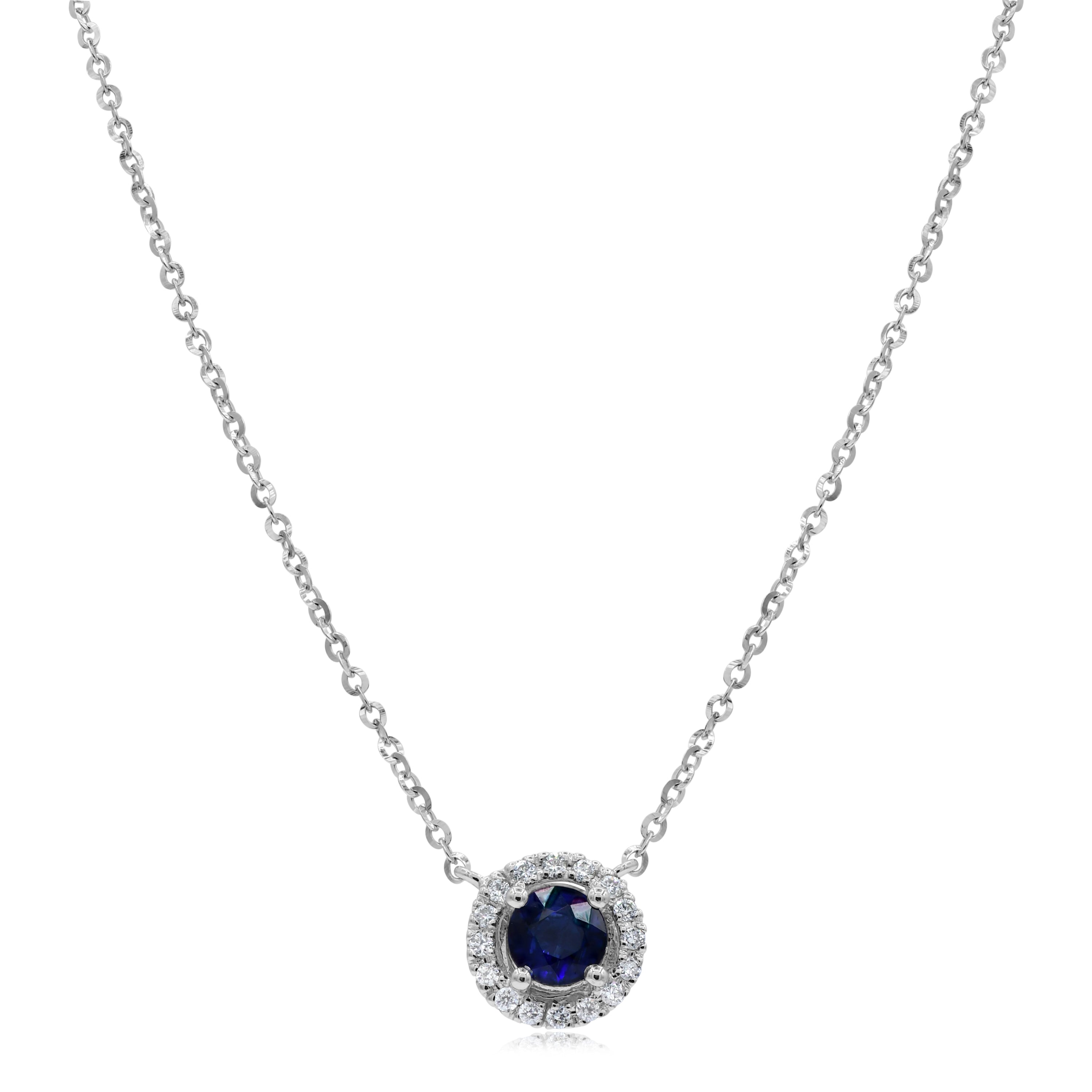 0.72 ct. Sapphire & 0.11 ct. Diamond 14K White Gold Halo Pendant Necklace 18"