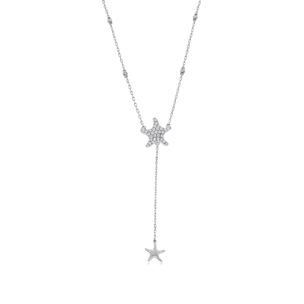 0.24 ct. Diamond 14K White Gold Double Star Dangle Rosary Necklace 17"