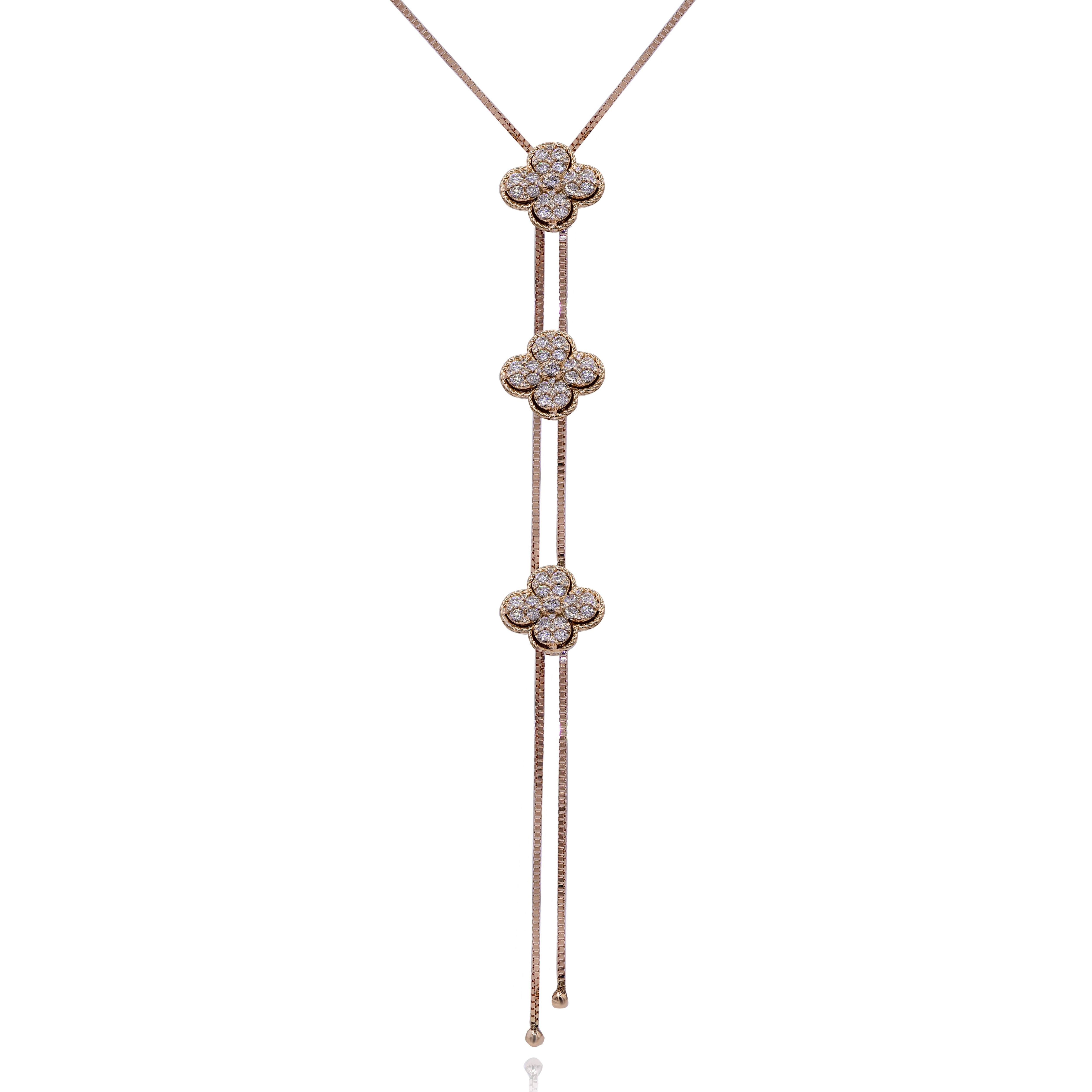 1.5 ct. Diamond 18K Rose Gold Triple Halo Flower Lariat Necklace