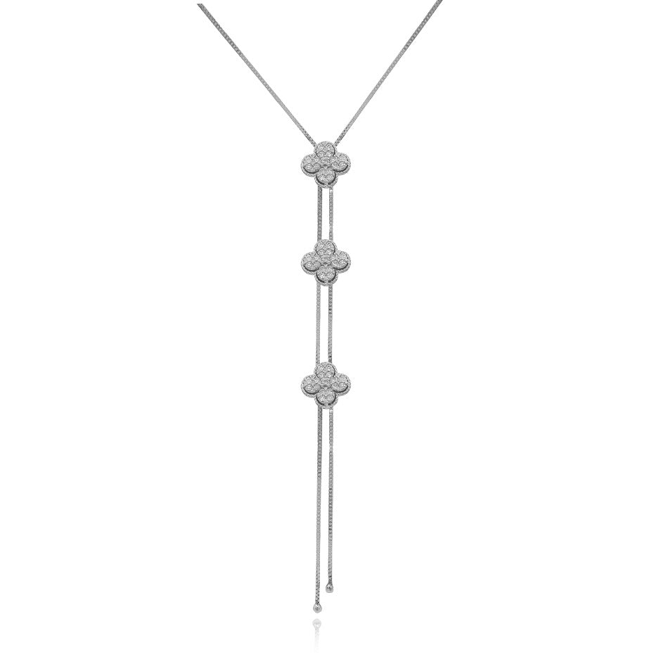 1.51 ct. Diamond 18K White Gold Triple Halo Flower Lariat Necklace