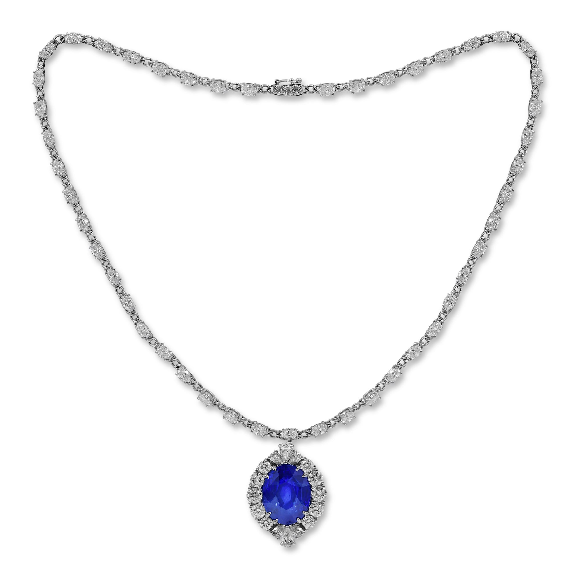 18.79 ct. Sapphire & 14.56 ct. Diamond 18K White Gold Halo Necklace