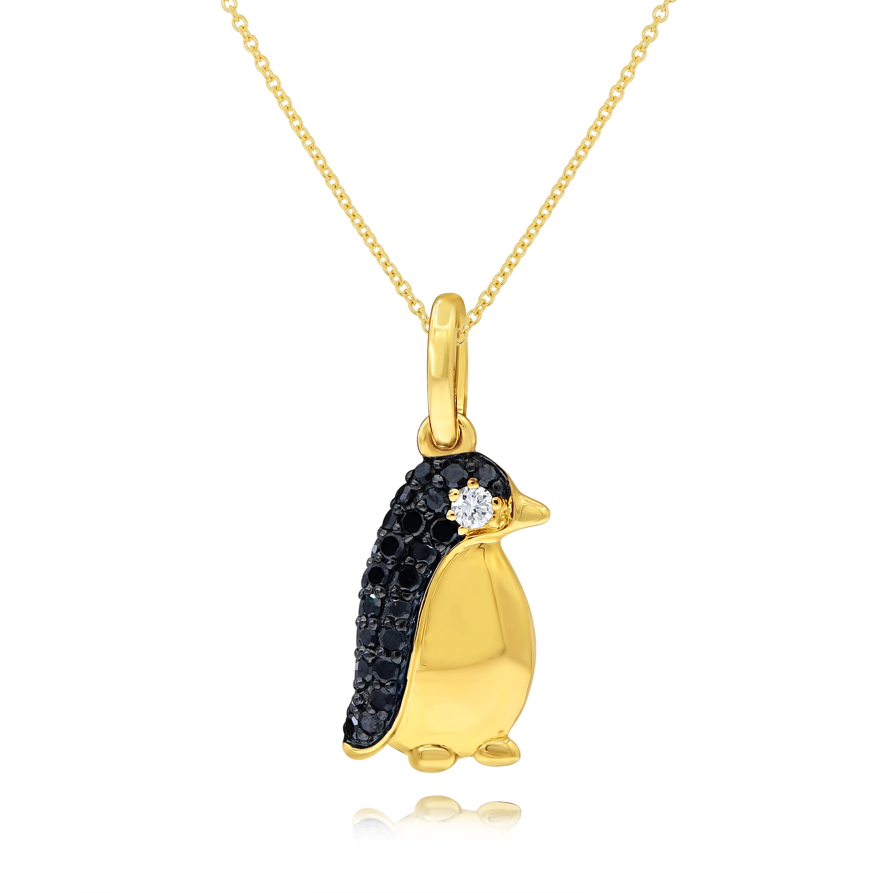 0.125 ct. Black & White Diamond 14K Yellow Gold Penguin Pendant