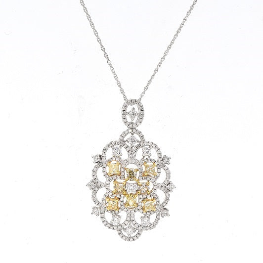 1 ct. Yellow Diamond & 1.38 ct. Diamond 18K Two Tone Gold Cluster Pendant