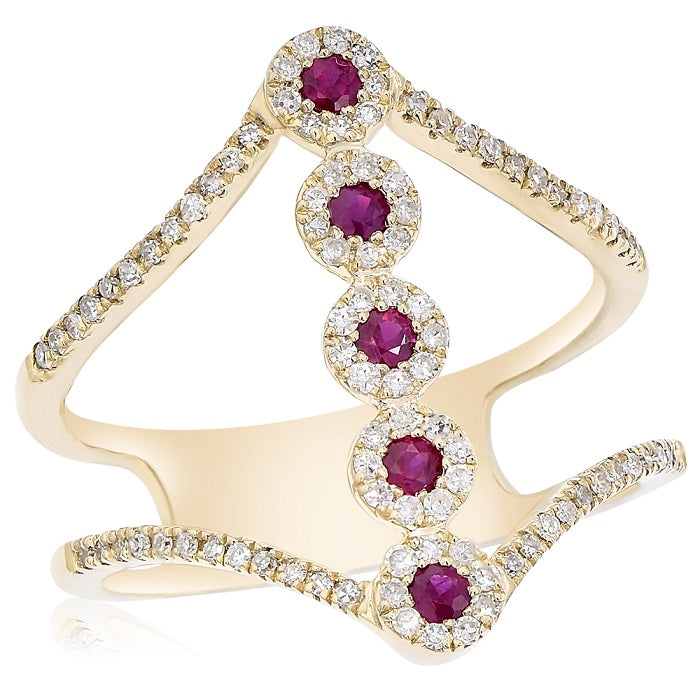 0.16 ct. Ruby & 0.3 ct. Diamond 14K Yellow Gold Pave Wide Finger Bypass Ring