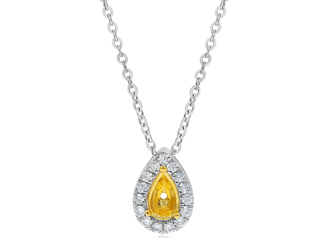 0.24 ct. Diamond 14K Two Tone Gold Teardrop Halo Pendant Necklace Mounting 18"