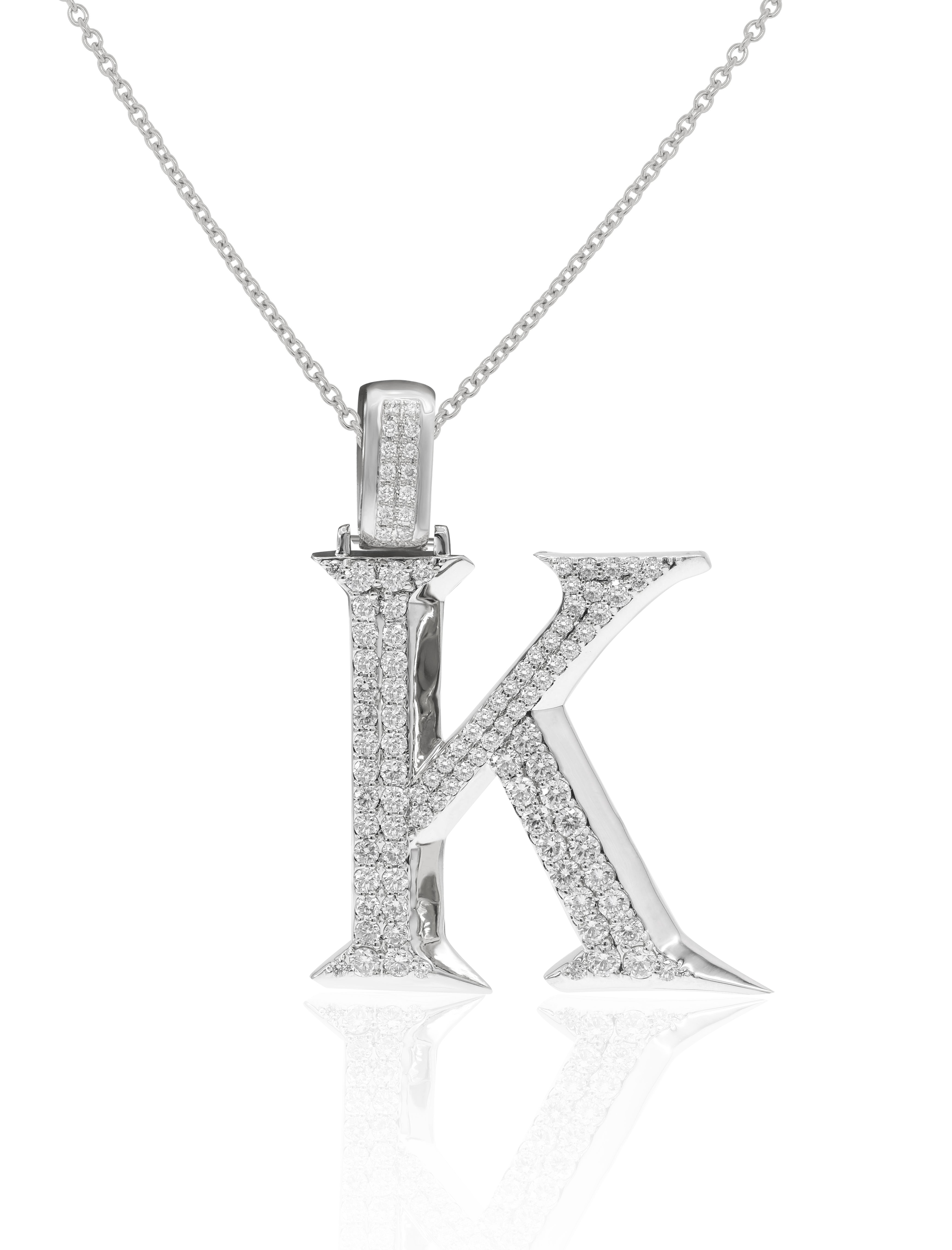1.6 ct. Diamond 14K White Gold 'K' 3D Initial Pendant
