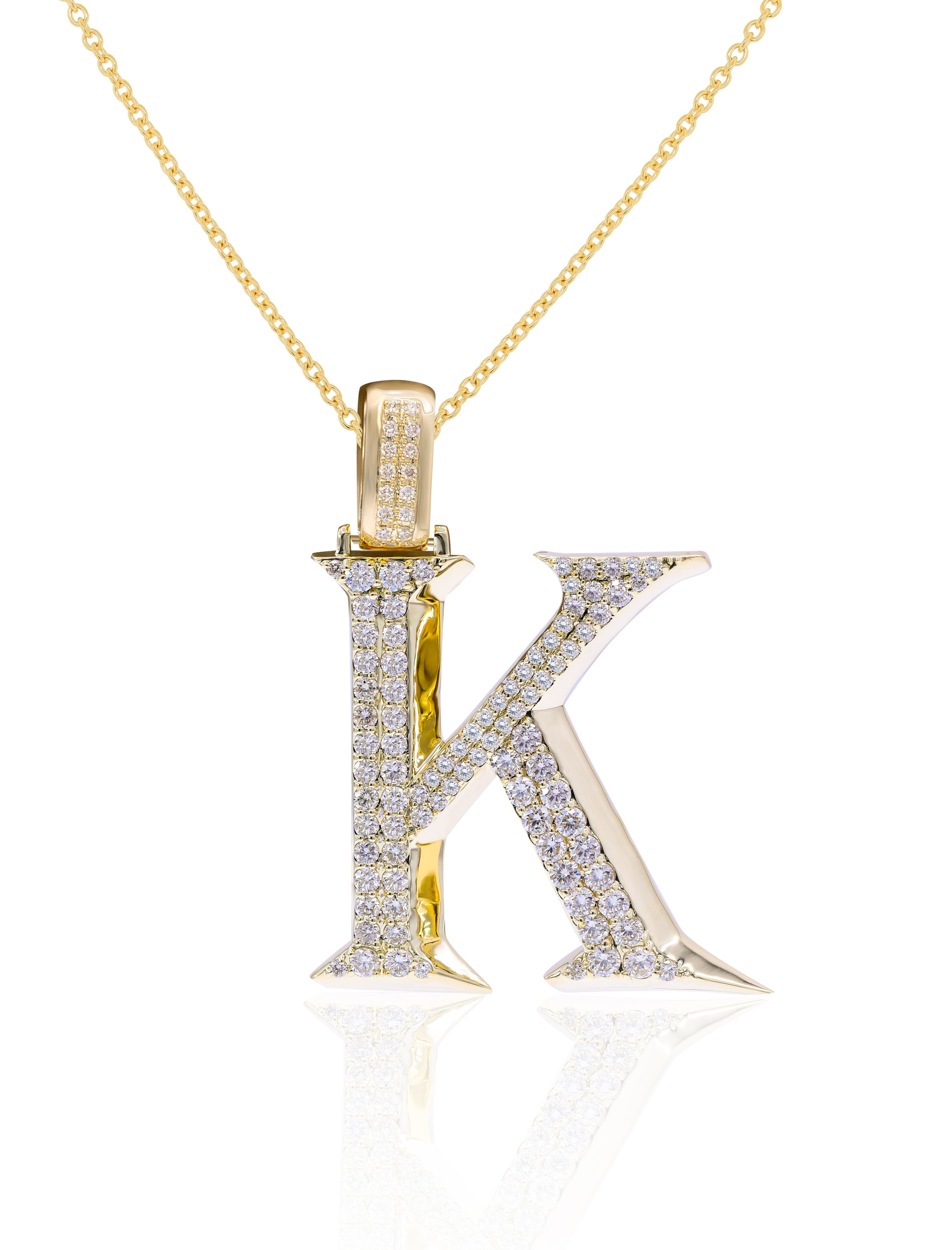 1.58 ct. Diamond 14K Yellow Gold 'K' 3D Initial Pendant