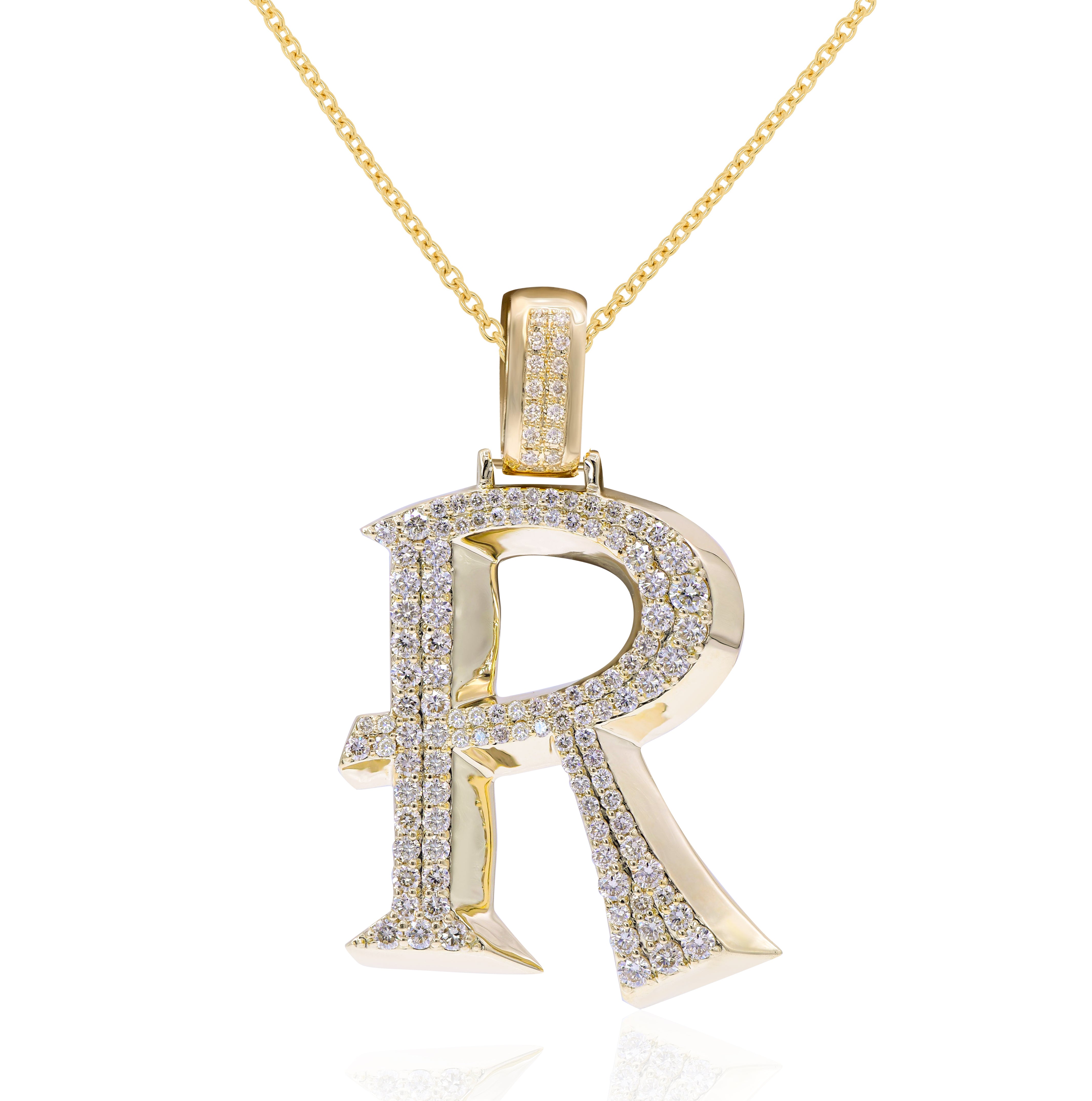 1.55 ct. Diamond 14K Yellow Gold 'R' 3D Initial Pendant
