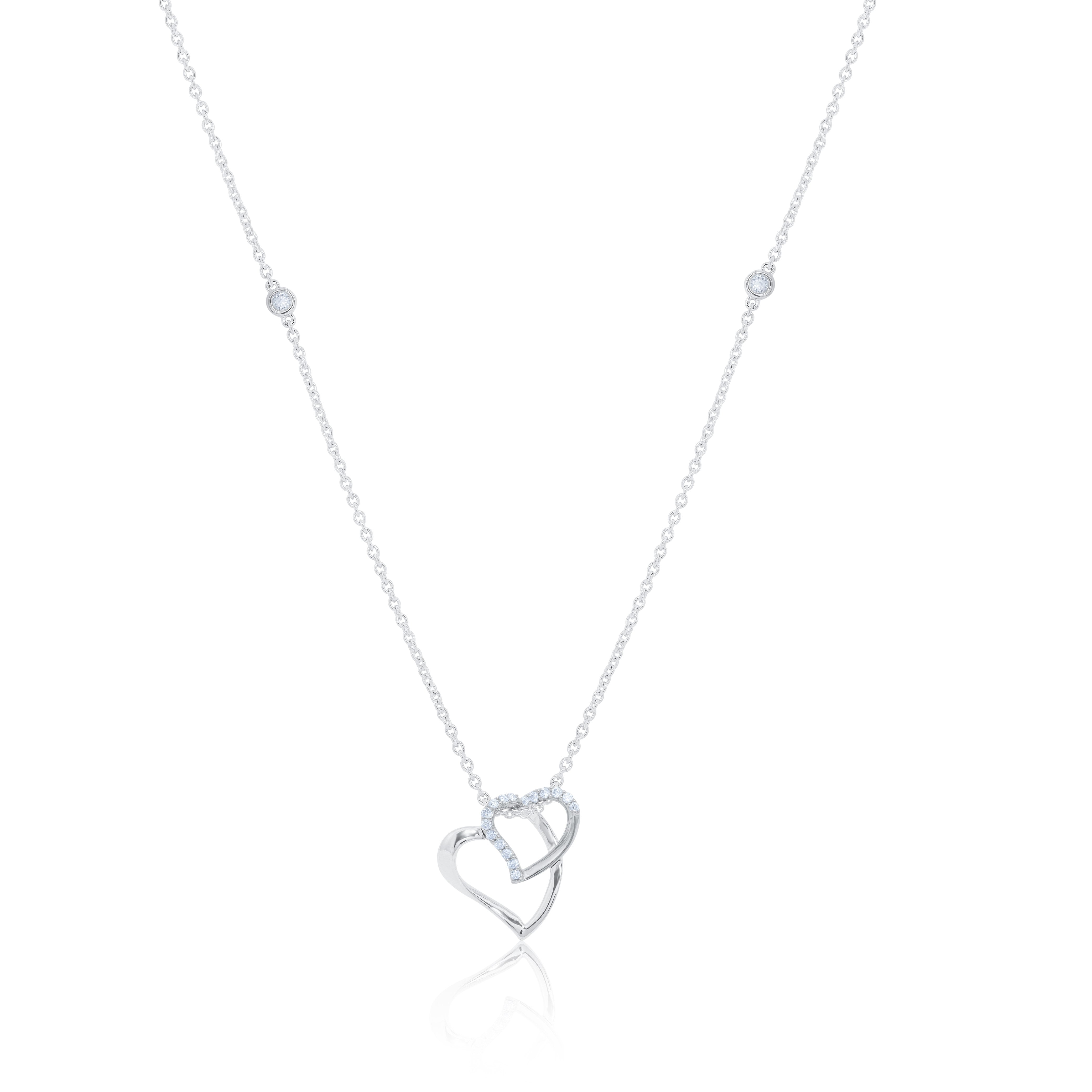 0.22 ct. Diamond 14K White Gold Double Heart Stone Station Necklace 16-18"