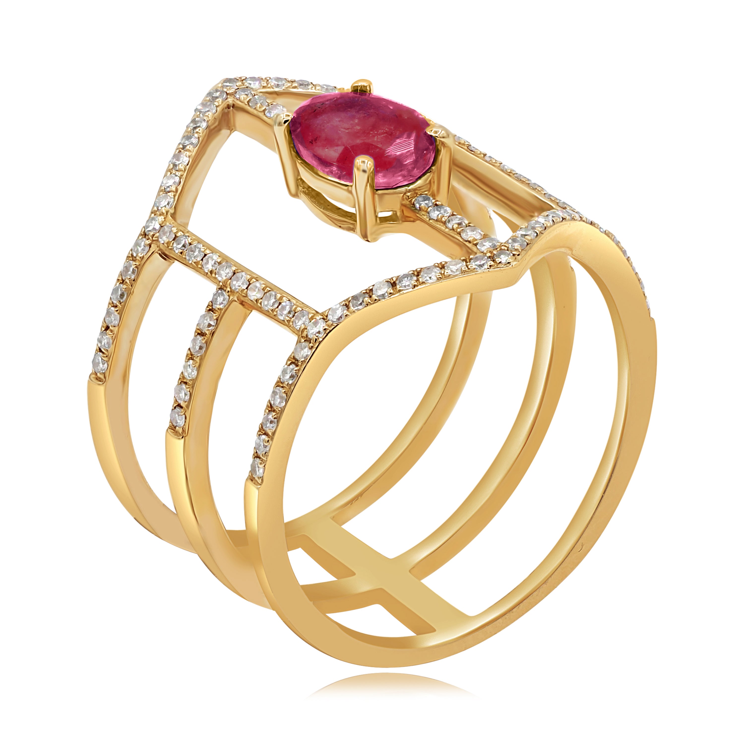 0.8 ct. Ruby & 0.33 ct. Diamond 14K Rose Gold 3 Row Wide Ring