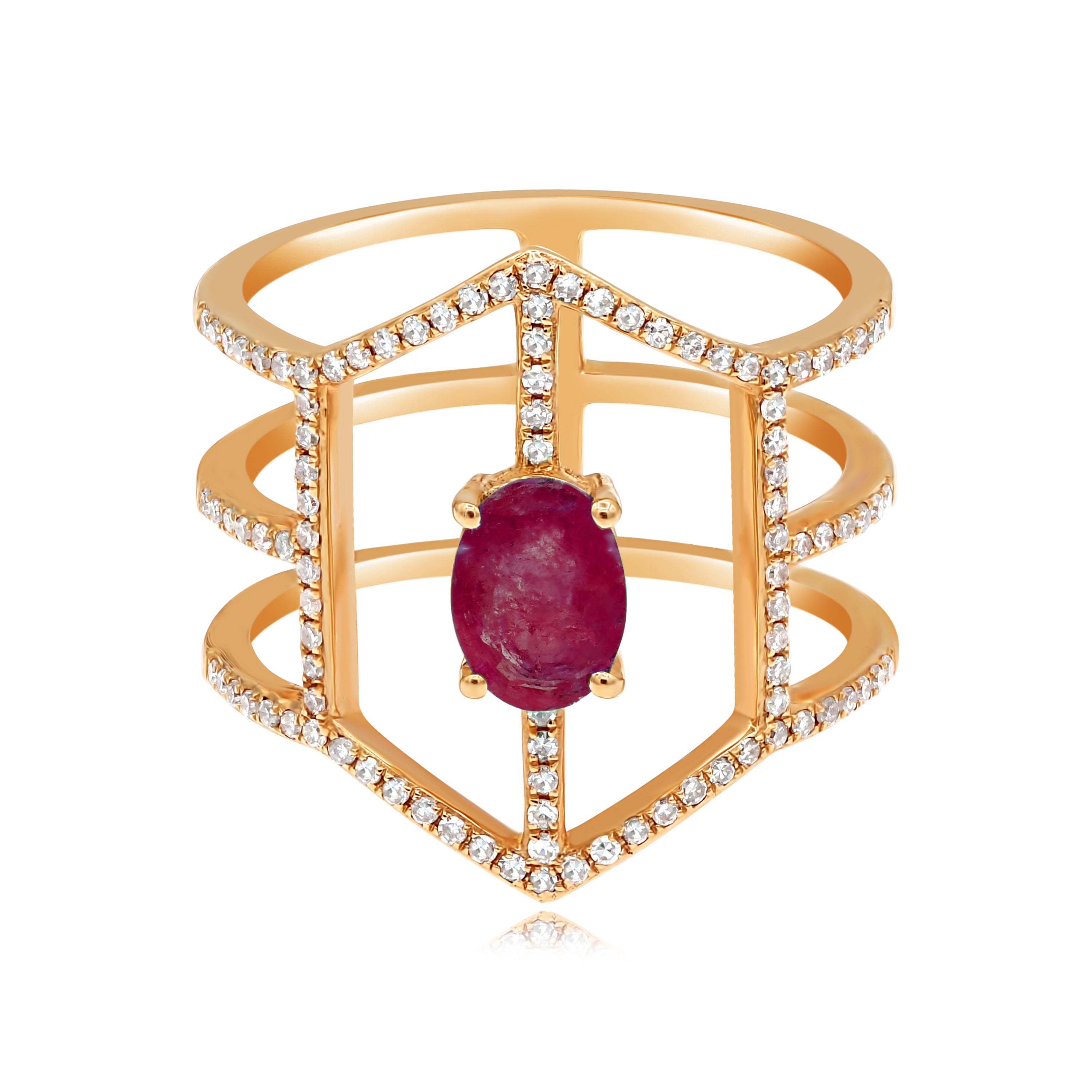 0.8 ct. Ruby & 0.33 ct. Diamond 14K Rose Gold 3 Row Wide Ring
