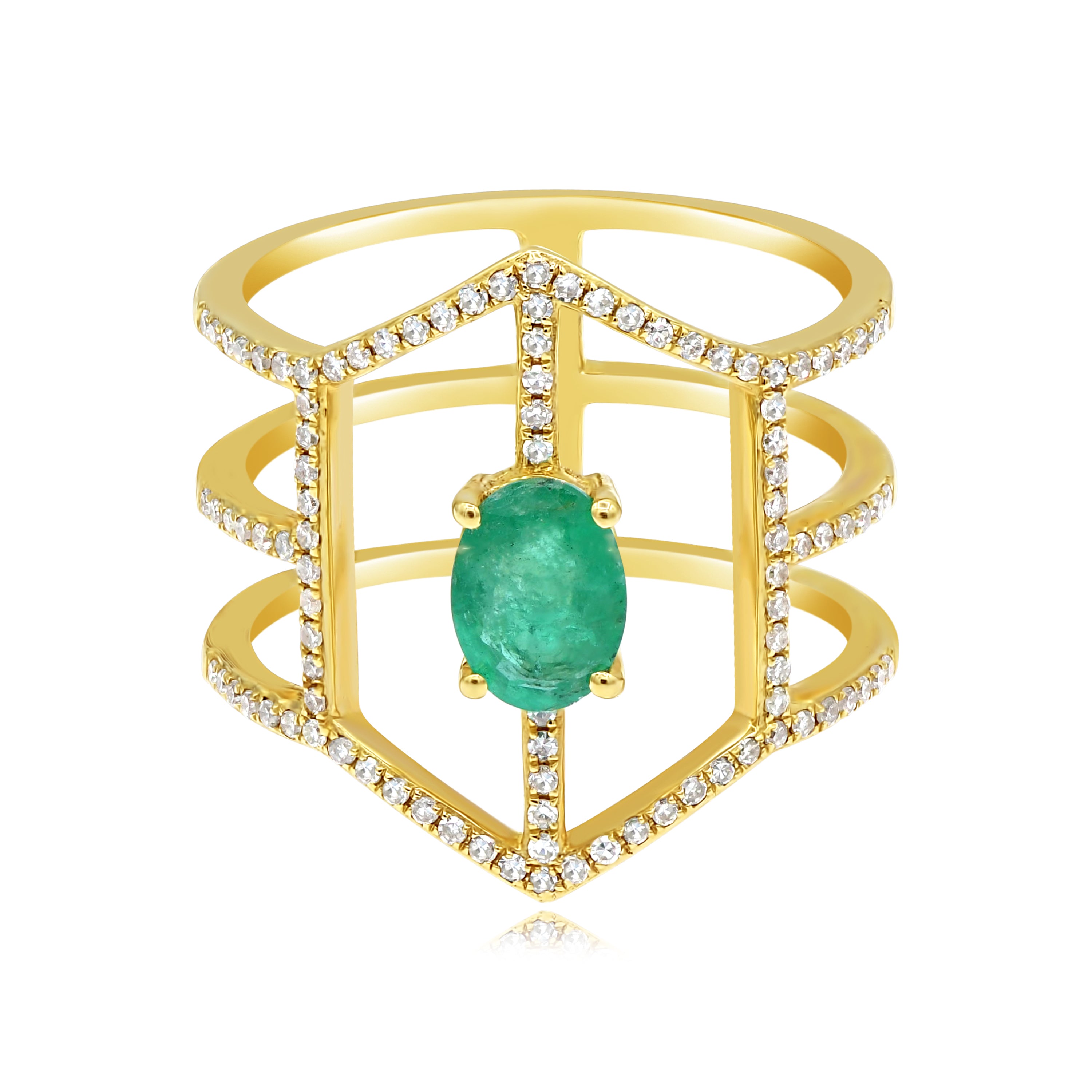 0.69 ct. Emerald & 0.34 ct. Diamond 14K Yellow Gold 3 Row Wide Ring